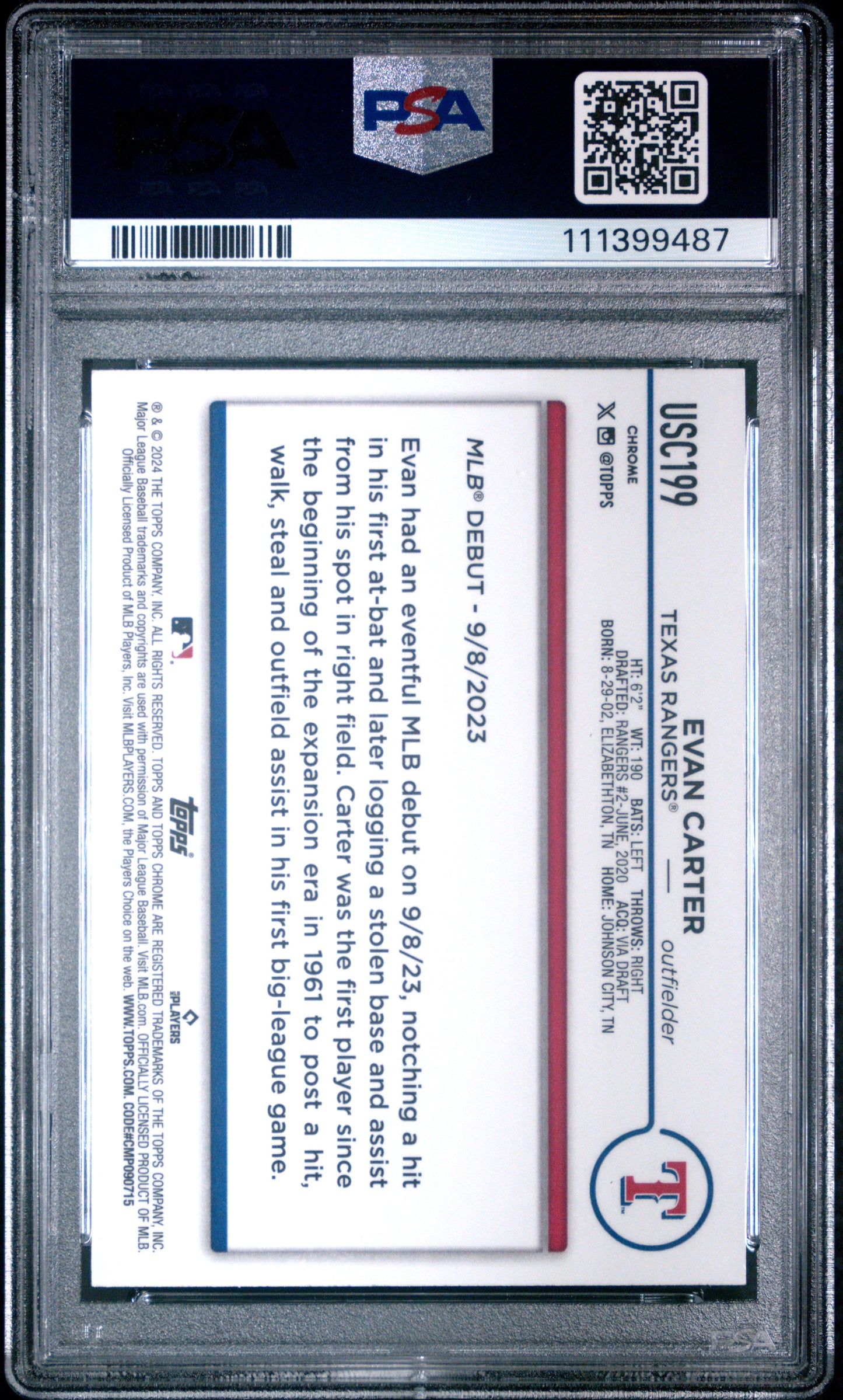 2024 Topps Chrome Update #USC199 Evan Carter X-Fractor PSA 10