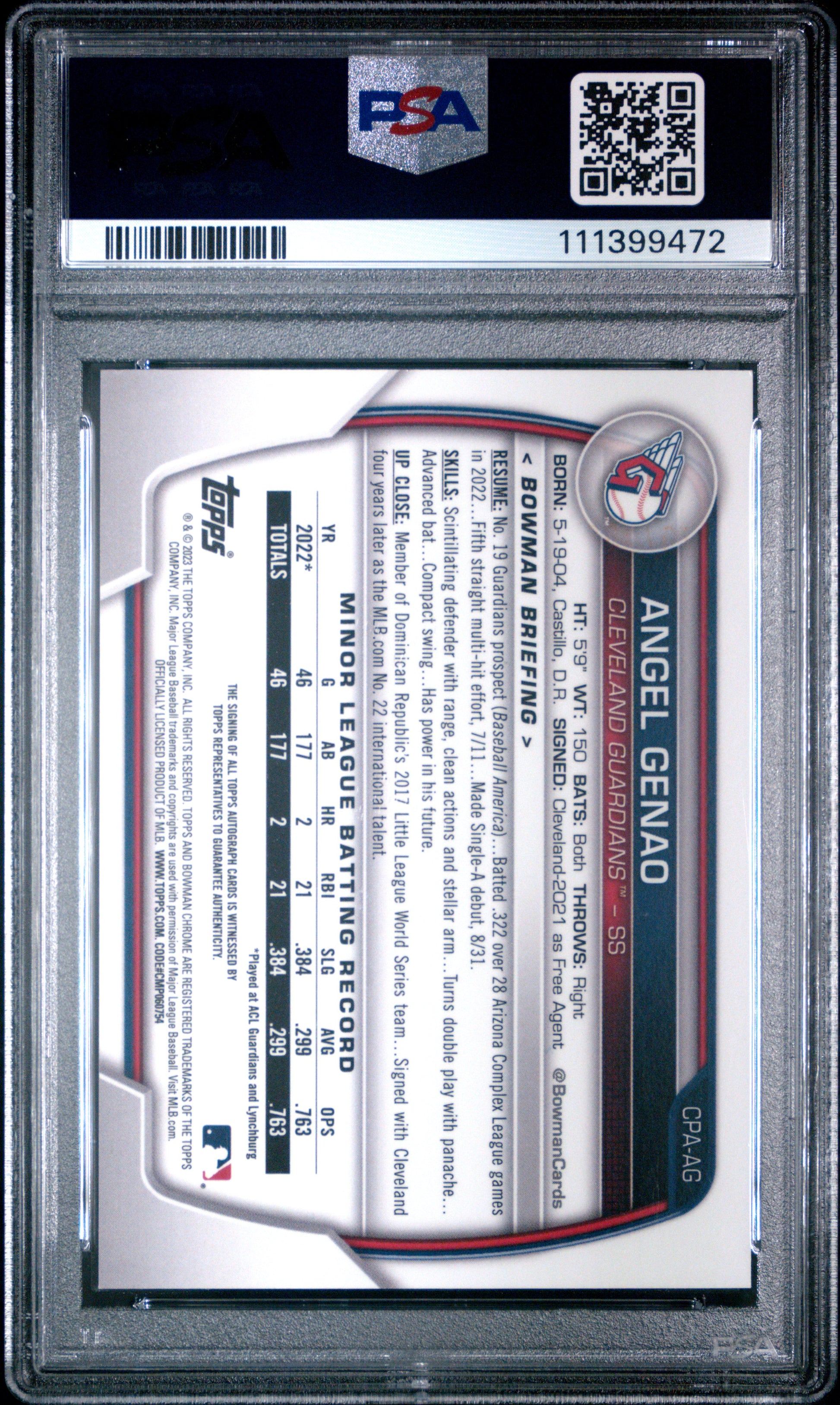 2023 Bowman Chrome Prospect Autographs #CPAAG Angel Genao Speckle Ref PSA 10