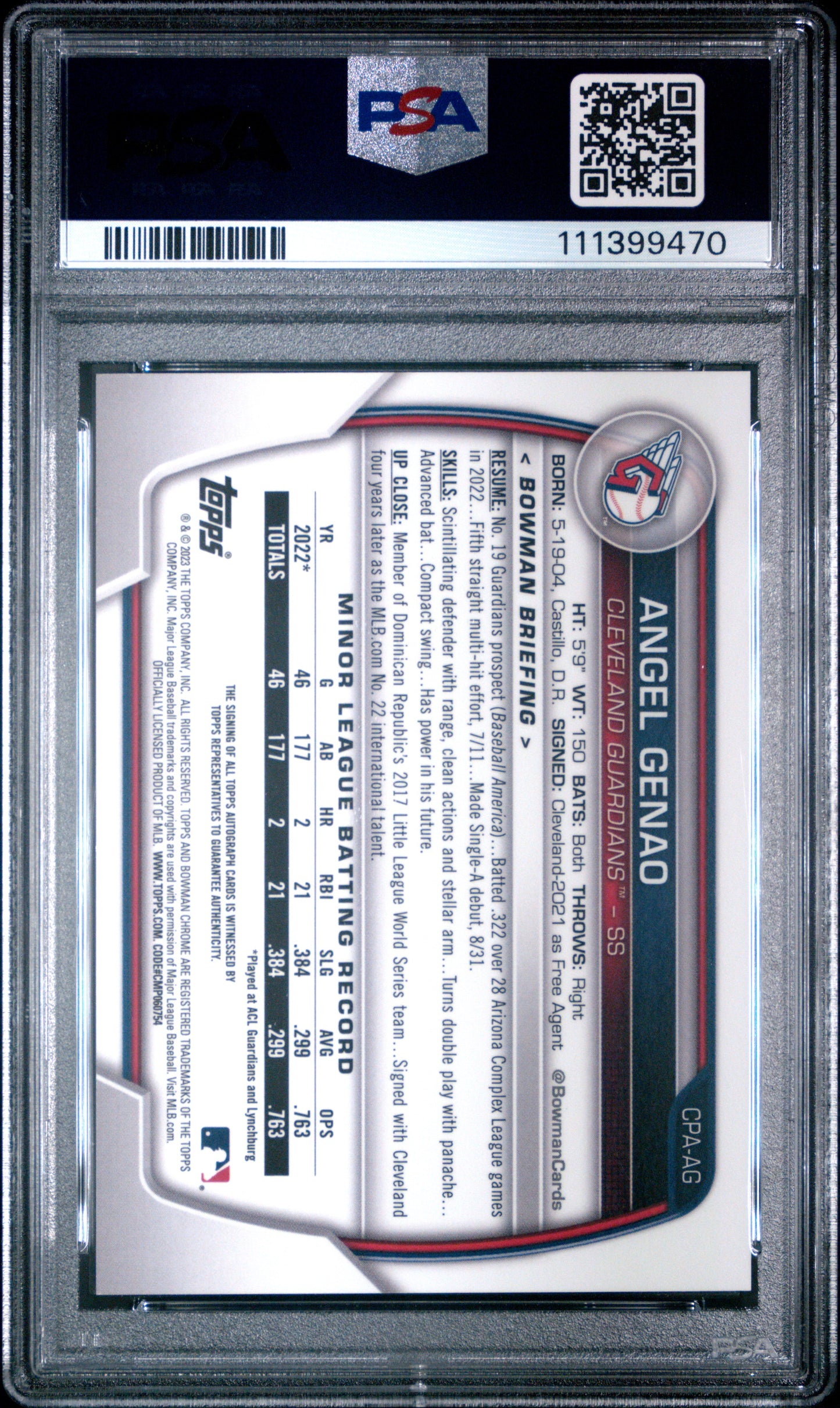 2023 Bowman Chrome Prospect Autographs #CPAAG Angel Genao PSA 9