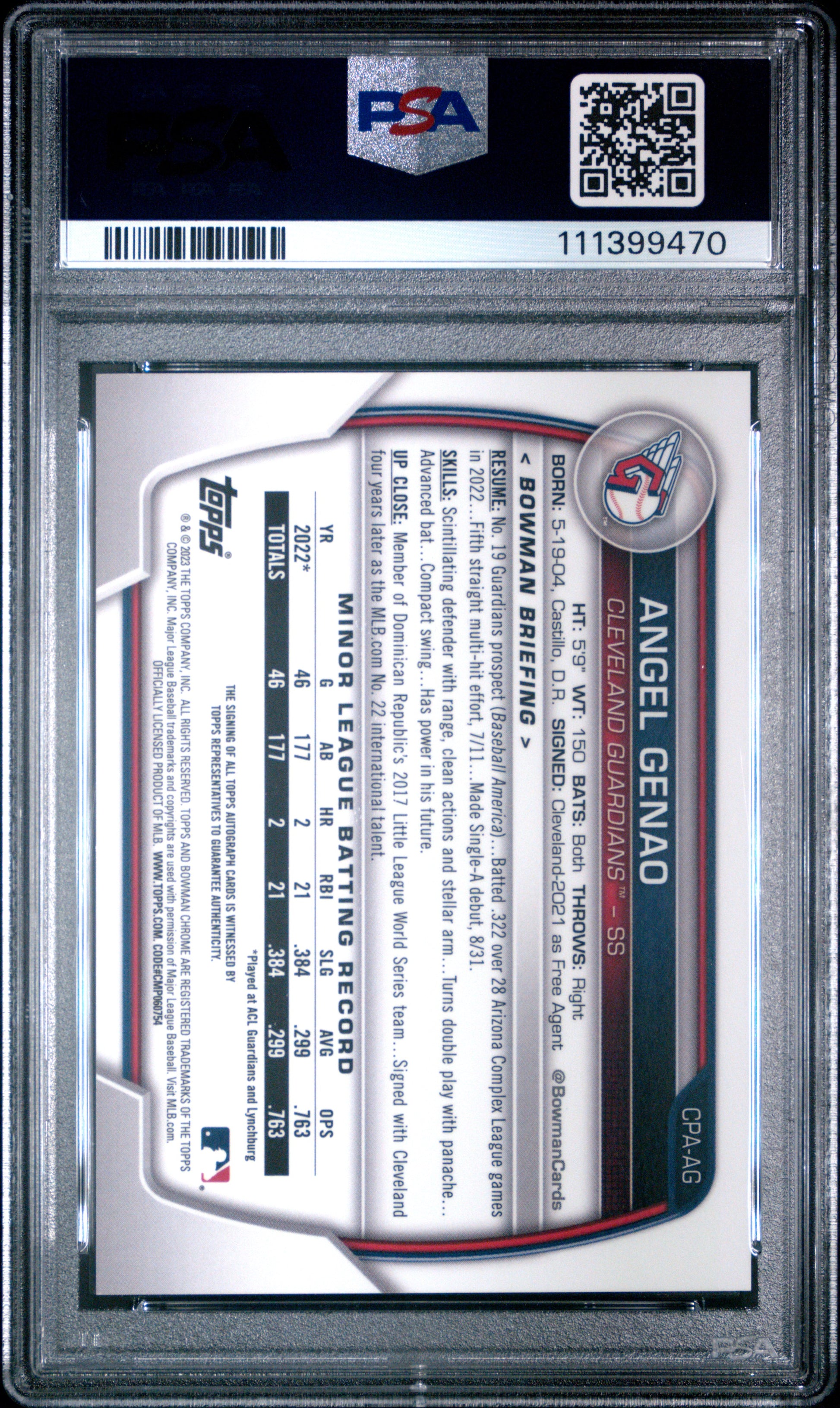 2023 Bowman Chrome Prospect Autographs #CPAAG Angel Genao PSA 9