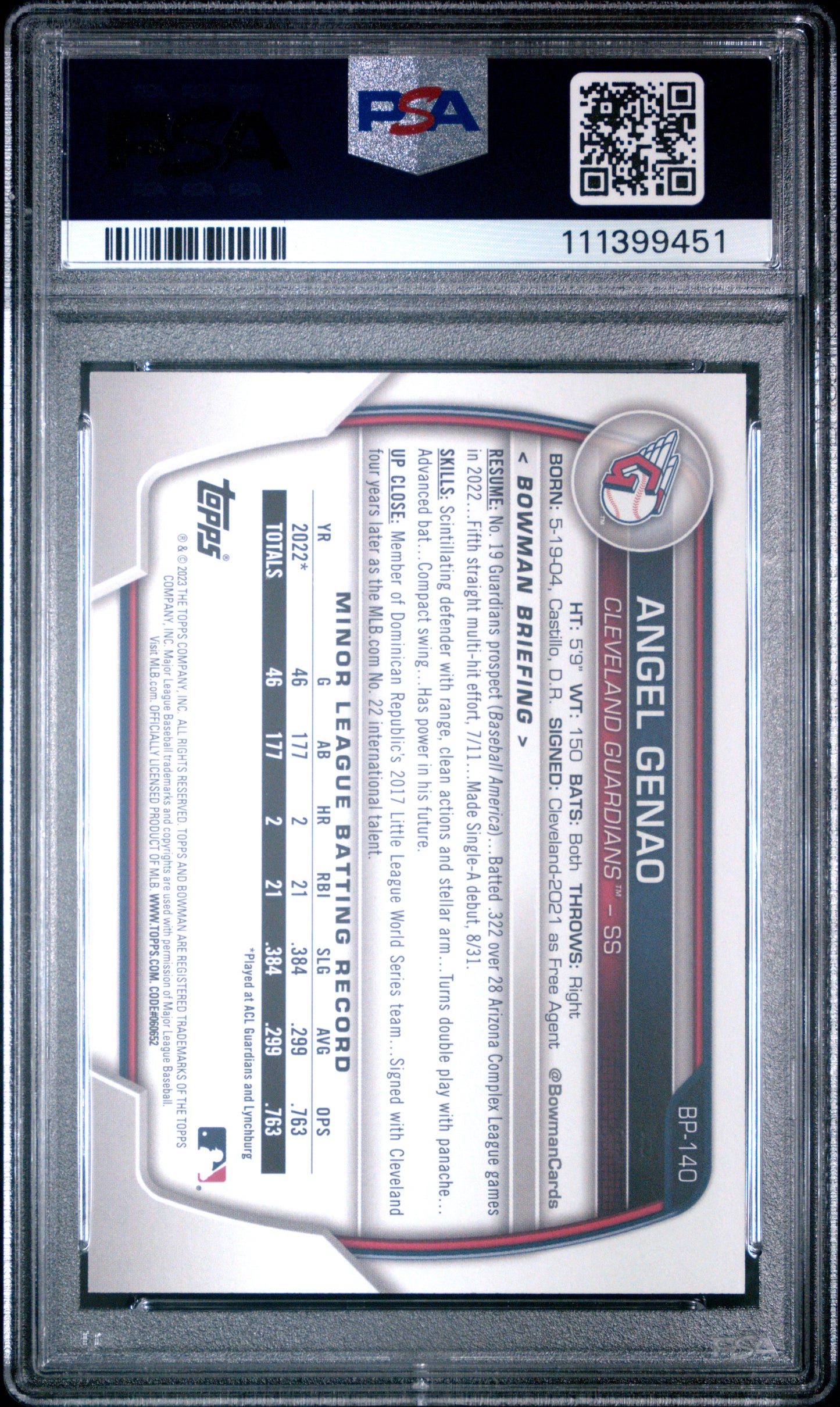 2023 Bowman Paper Prospects #BP140 Angel Genao Paper Prospects-Yellow PSA 9