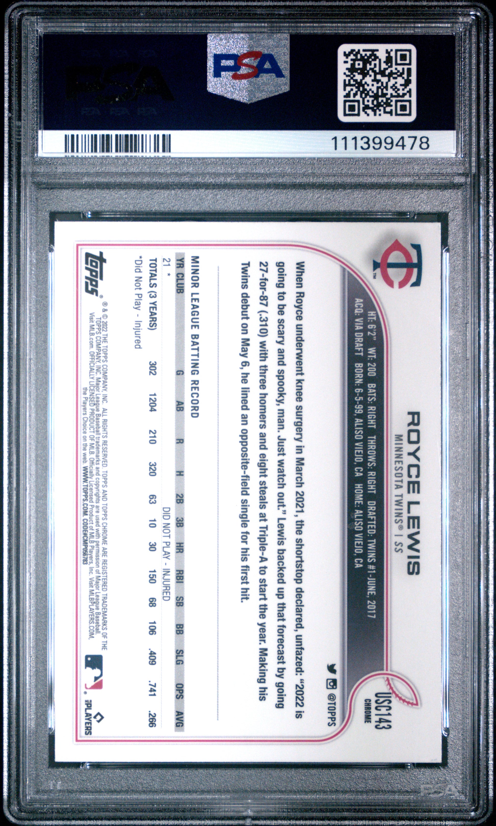 2022 Topps Chrome Update #USC143 Royce Lewis Purple Refractor PSA 10