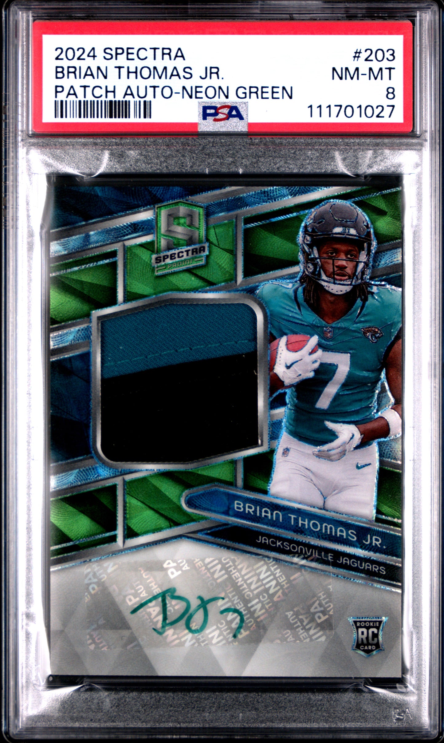 2024 Panini Spectra #203 Brian Thomas Jr. Patch Auto-Neon Green PSA 8
