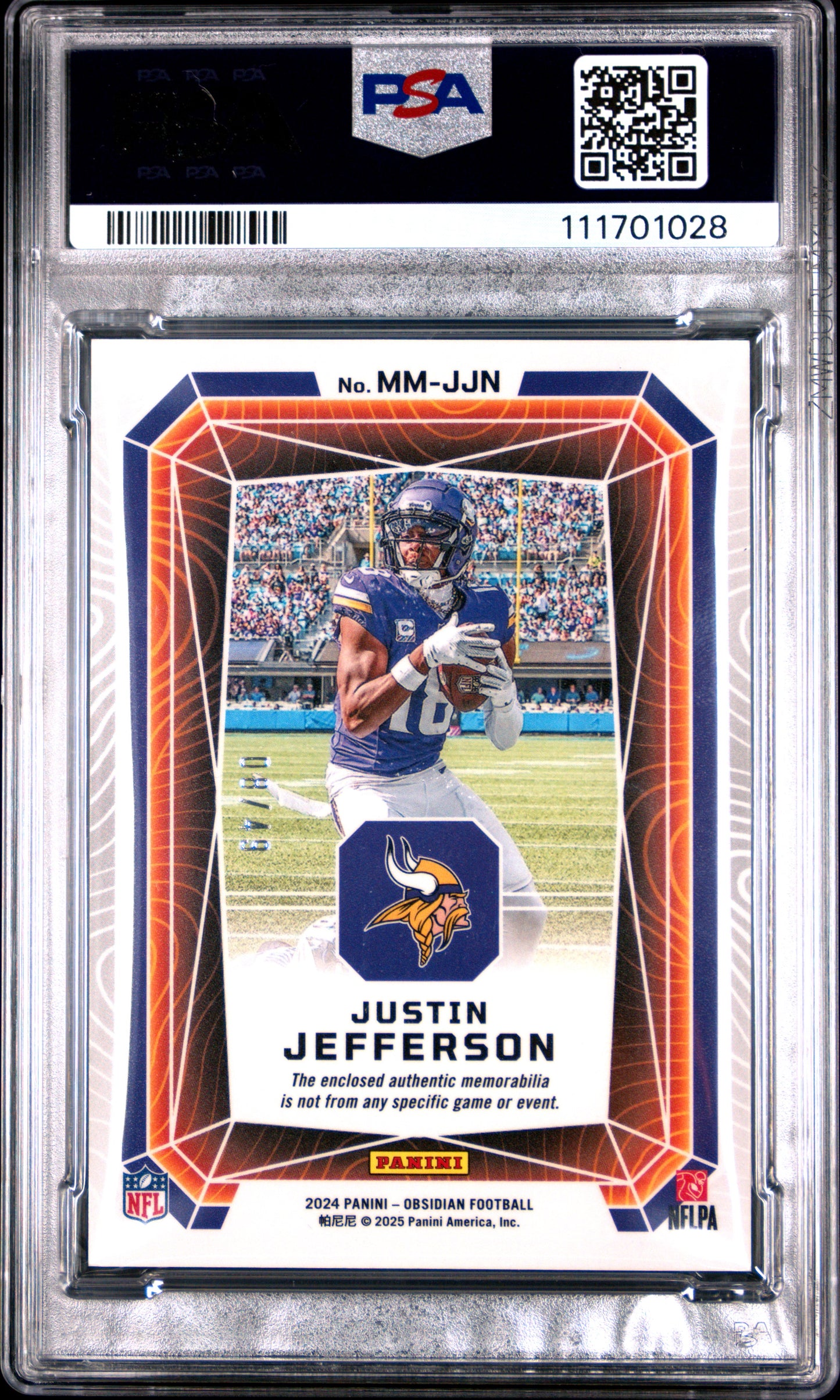 2024 Panini Obsidian Memorabilia #MMJJN Justin Jefferson-Purple/49 PSA 10
