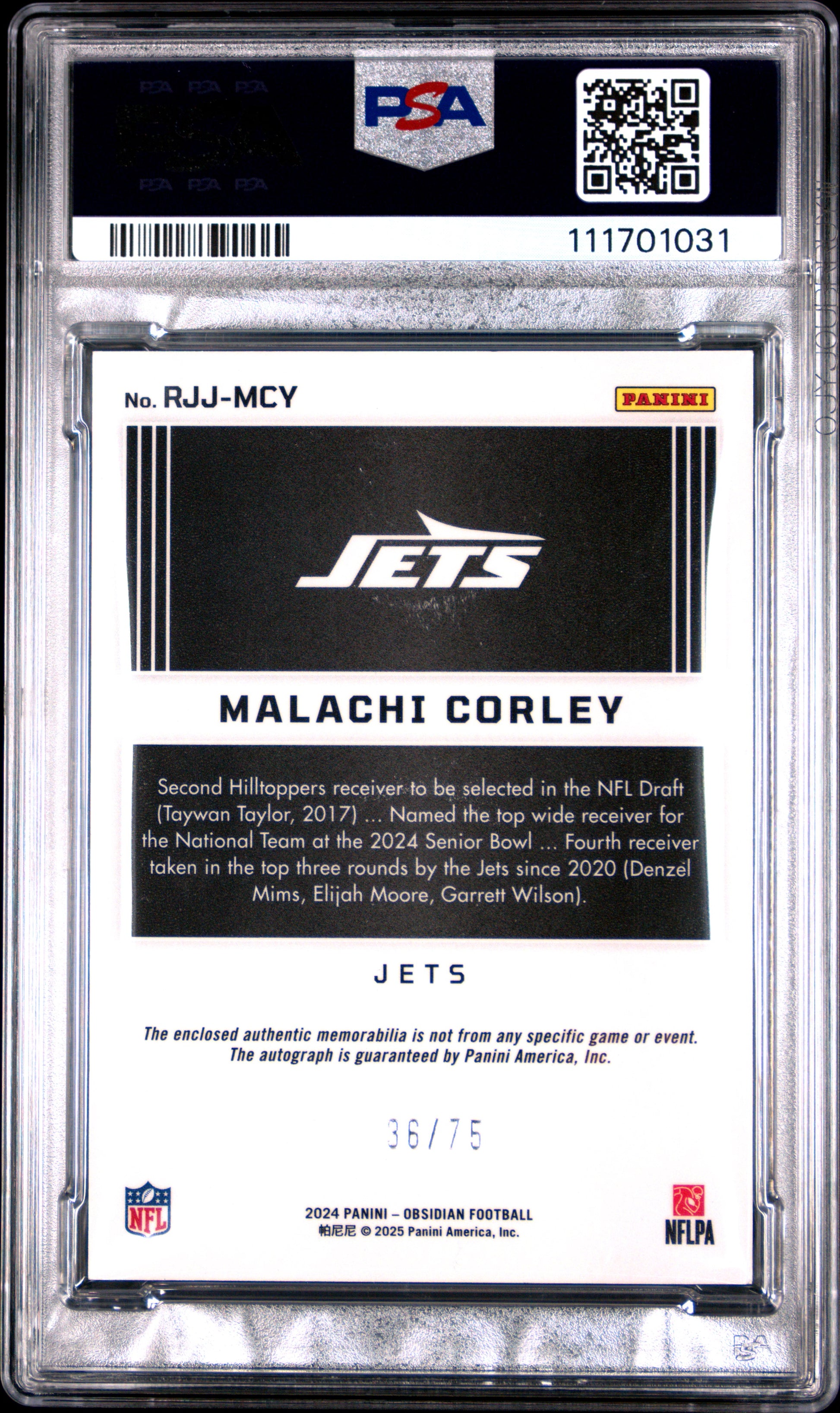 2024 Panini Obsidian RPA #RJJMCY Malachi Corley Rookie Jumbo Jersey Red PSA 10