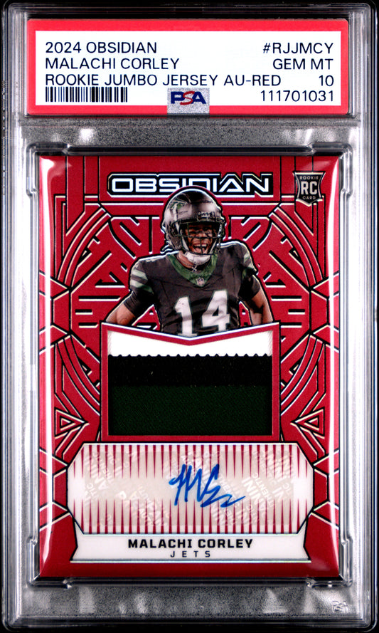 2024 Panini Obsidian RPA #RJJMCY Malachi Corley Rookie Jumbo Jersey Red PSA 10