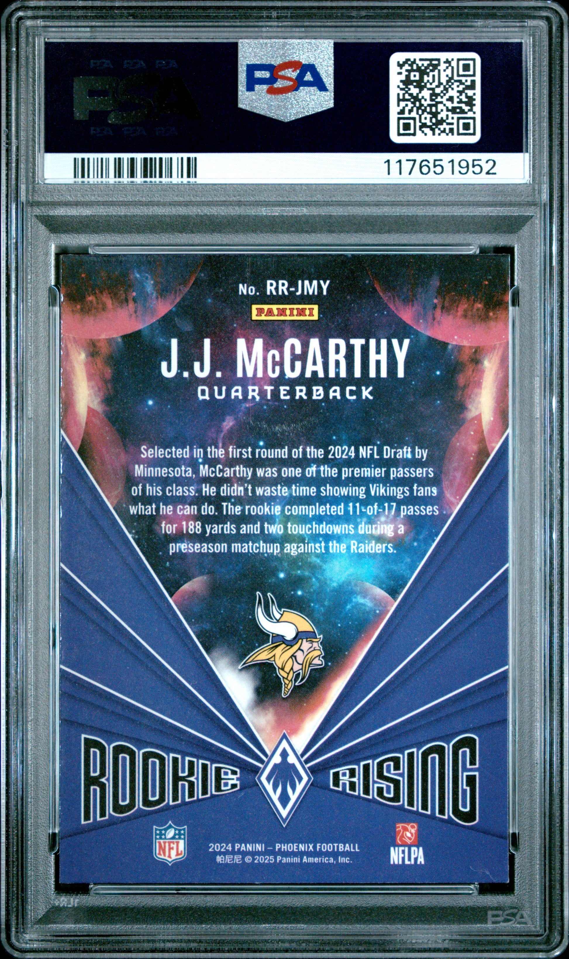 2024 Panini Phoenix Rookie Rising #RRJMY Jj Mccarthy Rookie Rising-Purple PSA 9