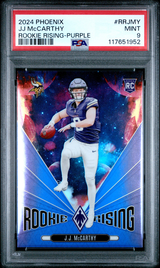 2024 Panini Phoenix Rookie Rising #RRJMY Jj Mccarthy Rookie Rising-Purple PSA 9
