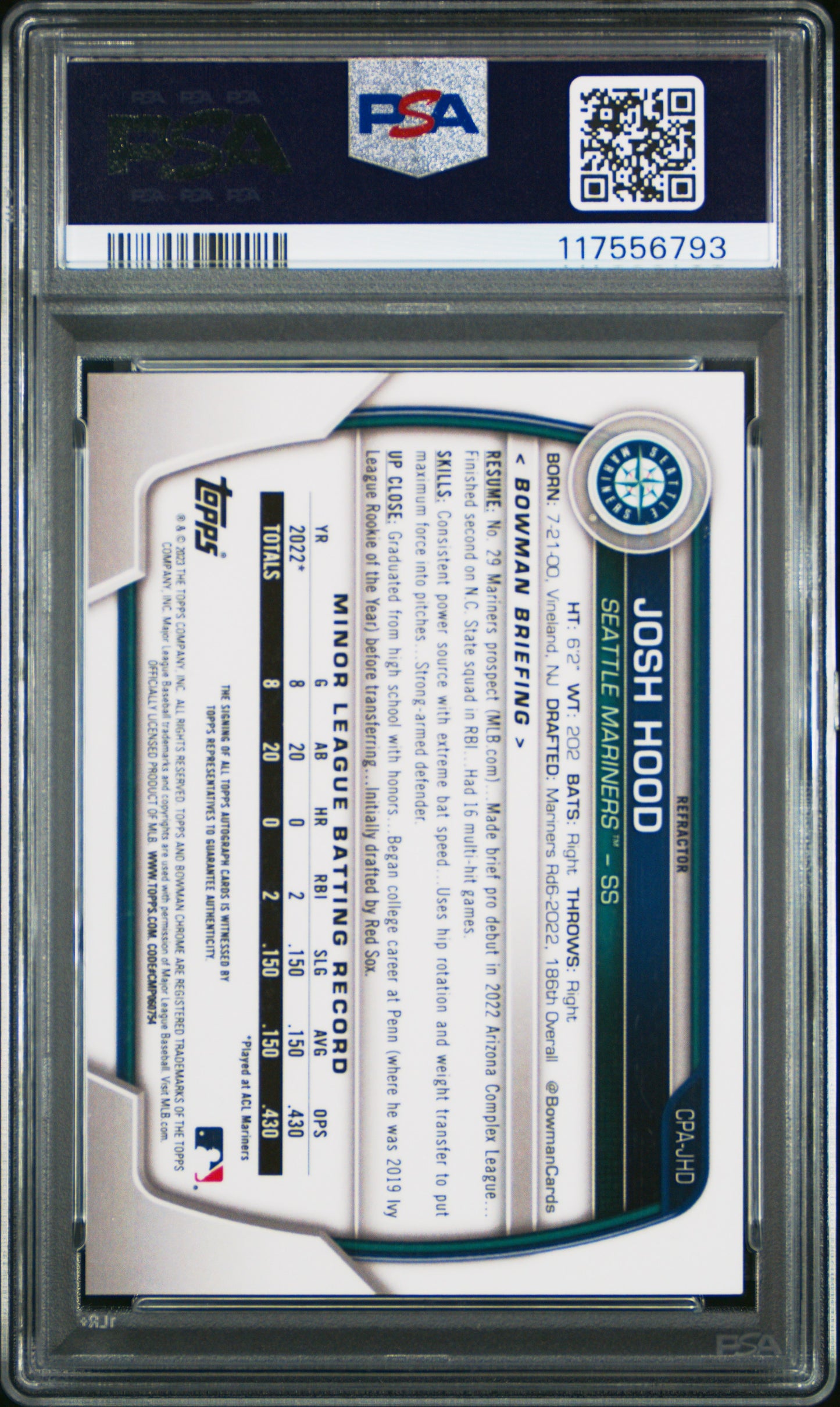 2023 Bowman Chrome Prospect Autographs #CPAJHD Josh Hood-Refractor PSA 10