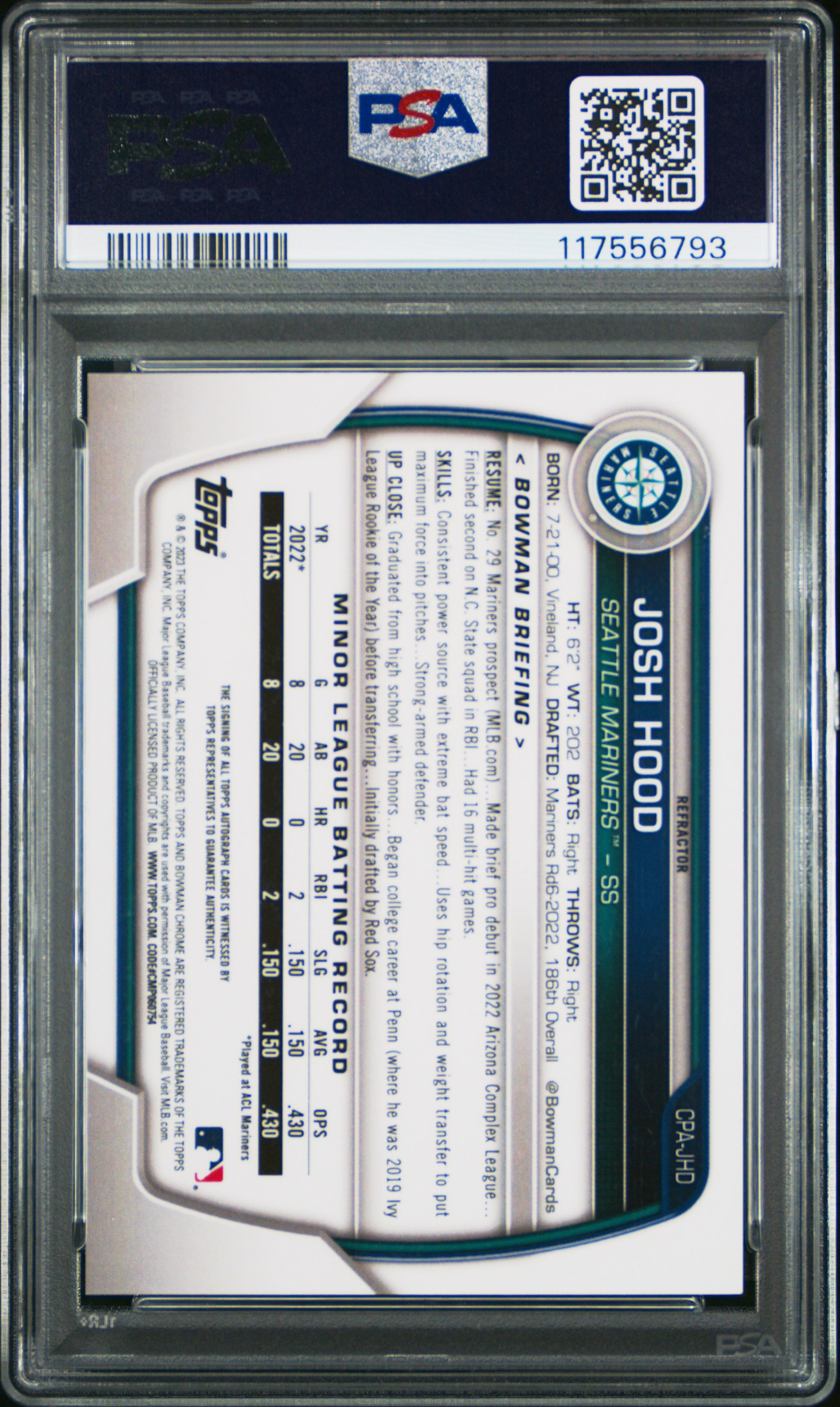 2023 Bowman Chrome Prospect Autographs #CPAJHD Josh Hood-Refractor PSA 10