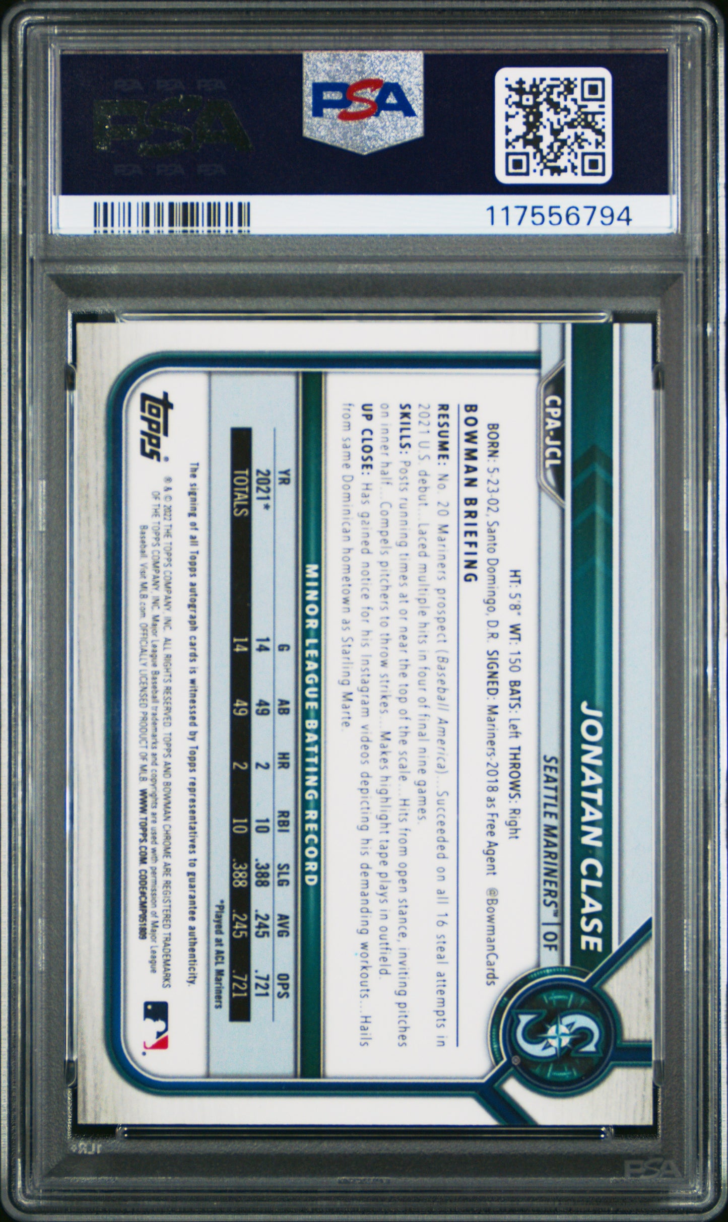 2022 Bowman Chrome Prospect Autographs #CPAJCL Jonatan Clase PSA 9