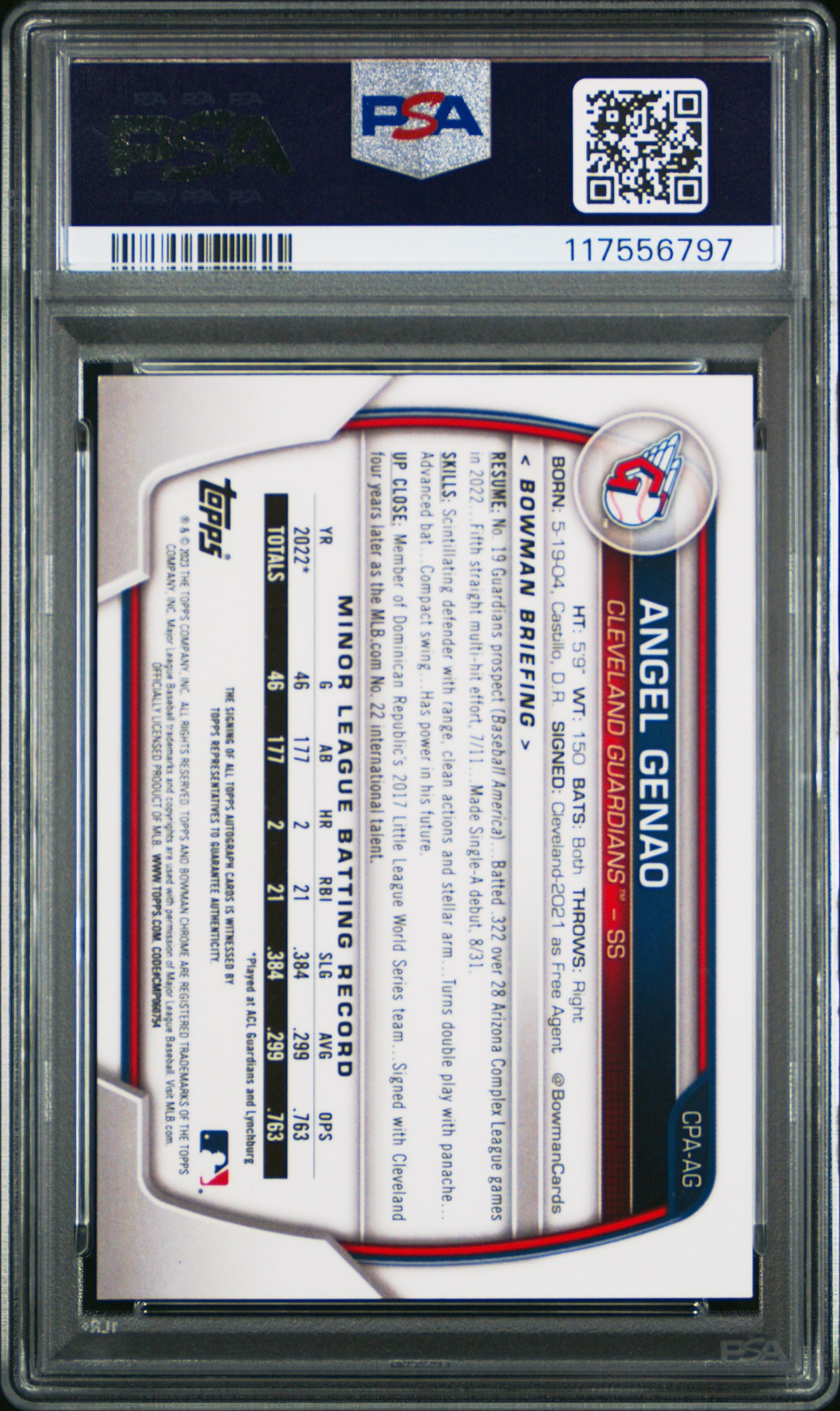 2023 Bowman Chrome Prospect Autographs #CPAAG Angel Genao-Speckle Ref PSA 9