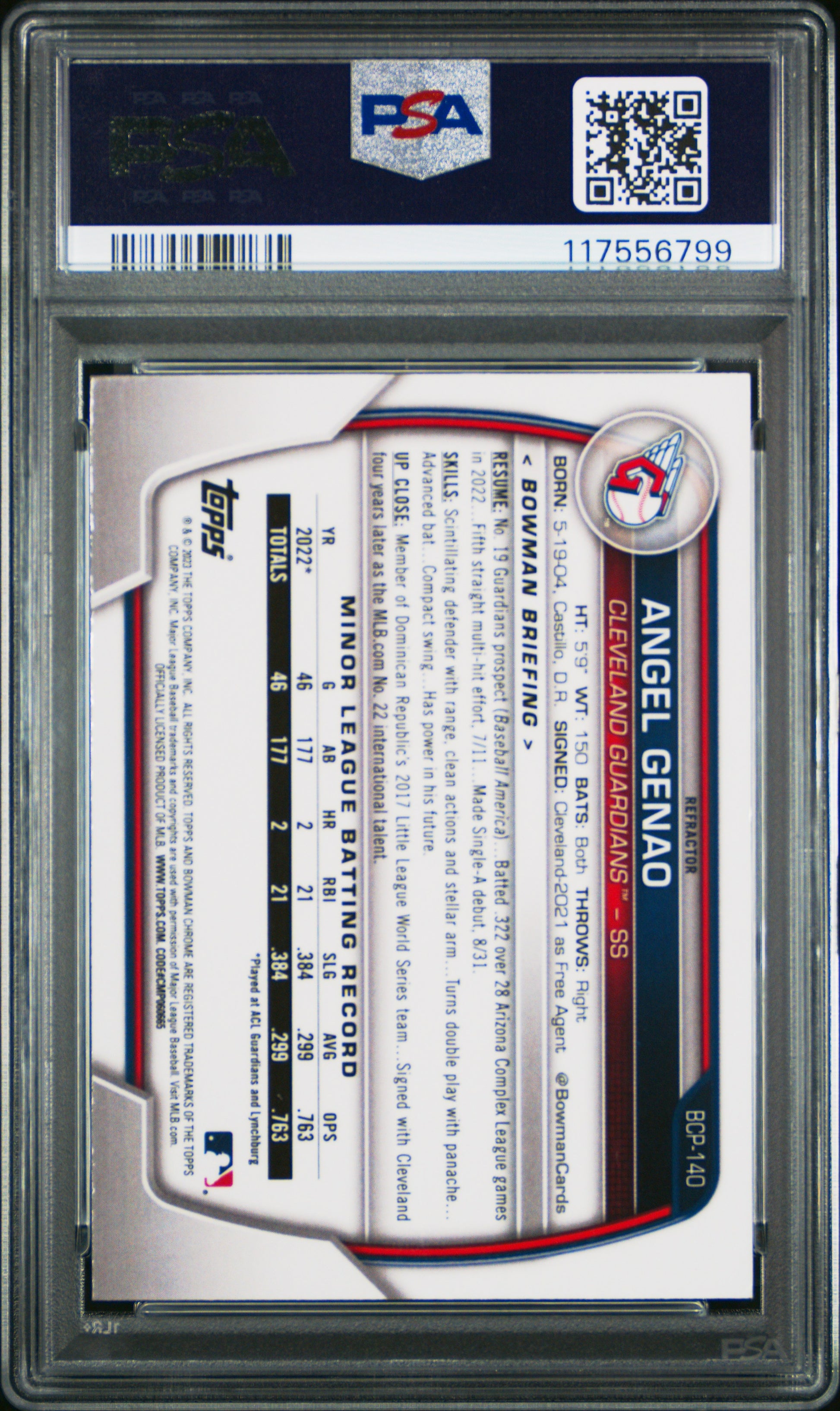 2023 Bowman Chrome Prospects #BCP140 Angel Genao Chr Pros-Lunar Glow Ref PSA 8