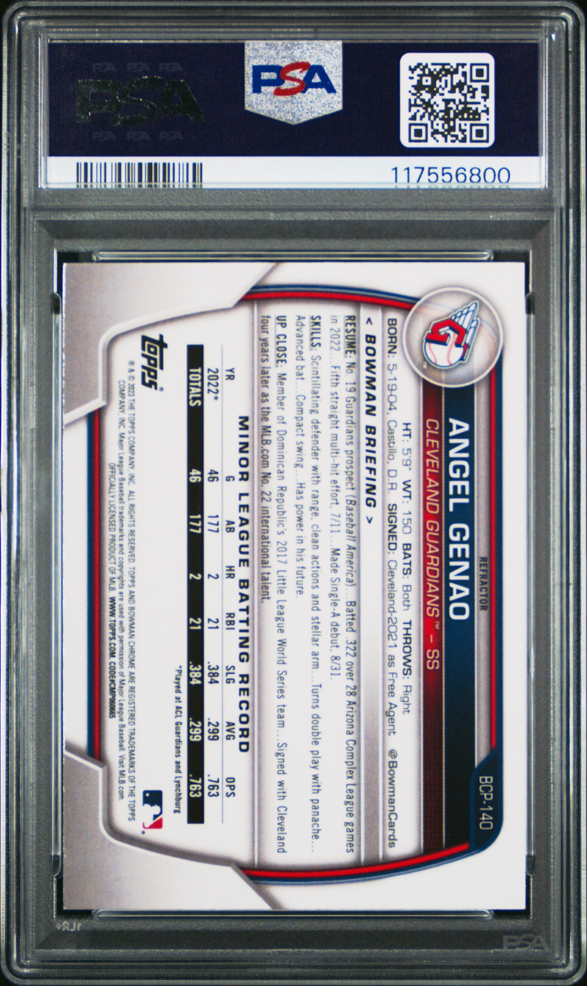2023 Bowman Chrome Prospects #BCP140 Angel Genao Chr Pros-Lunar Glow Ref PSA 10