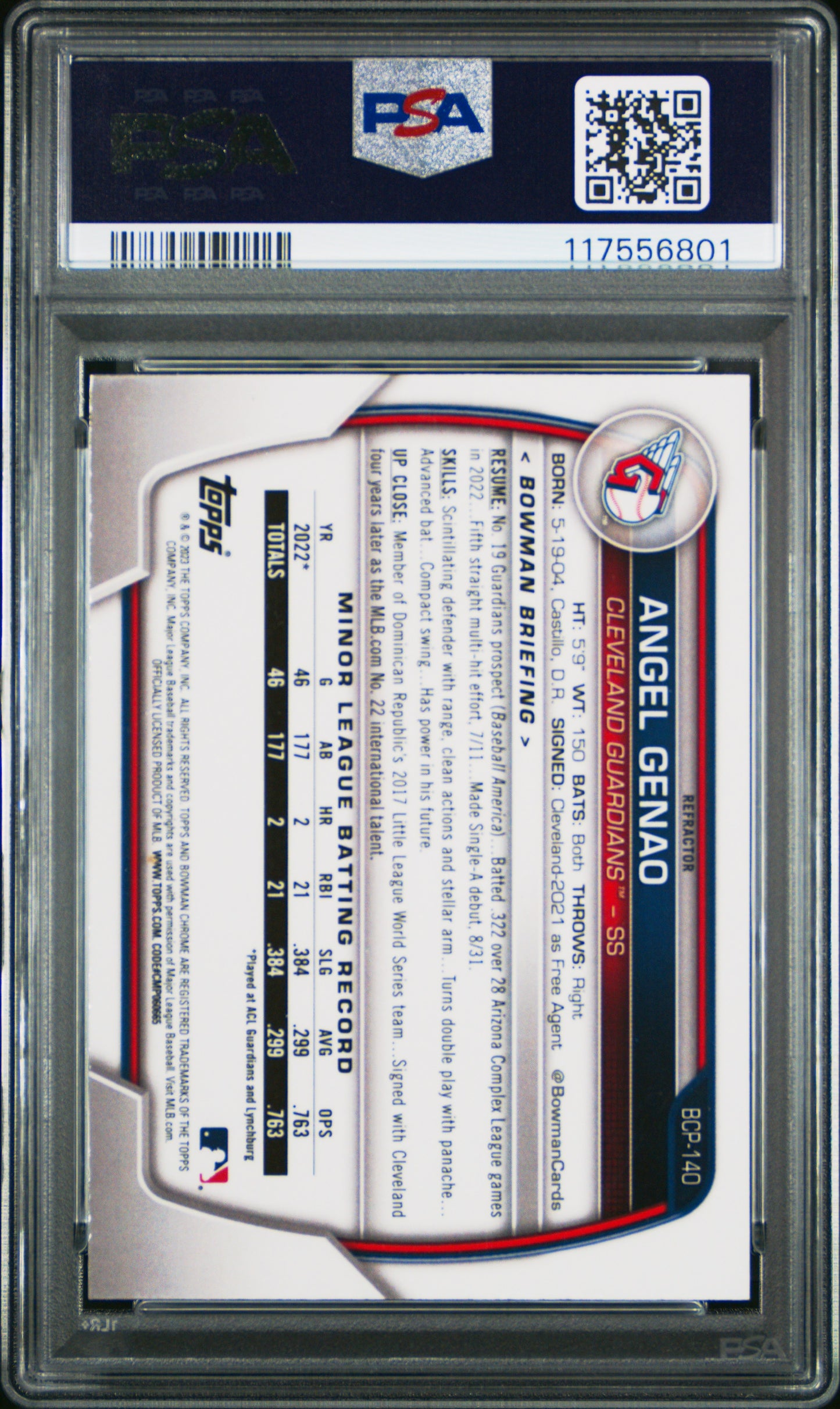2023 Bowman Chrome Prospects #BCP140 Angel Genao Chr Pros-Lunar Glow Ref PSA 10