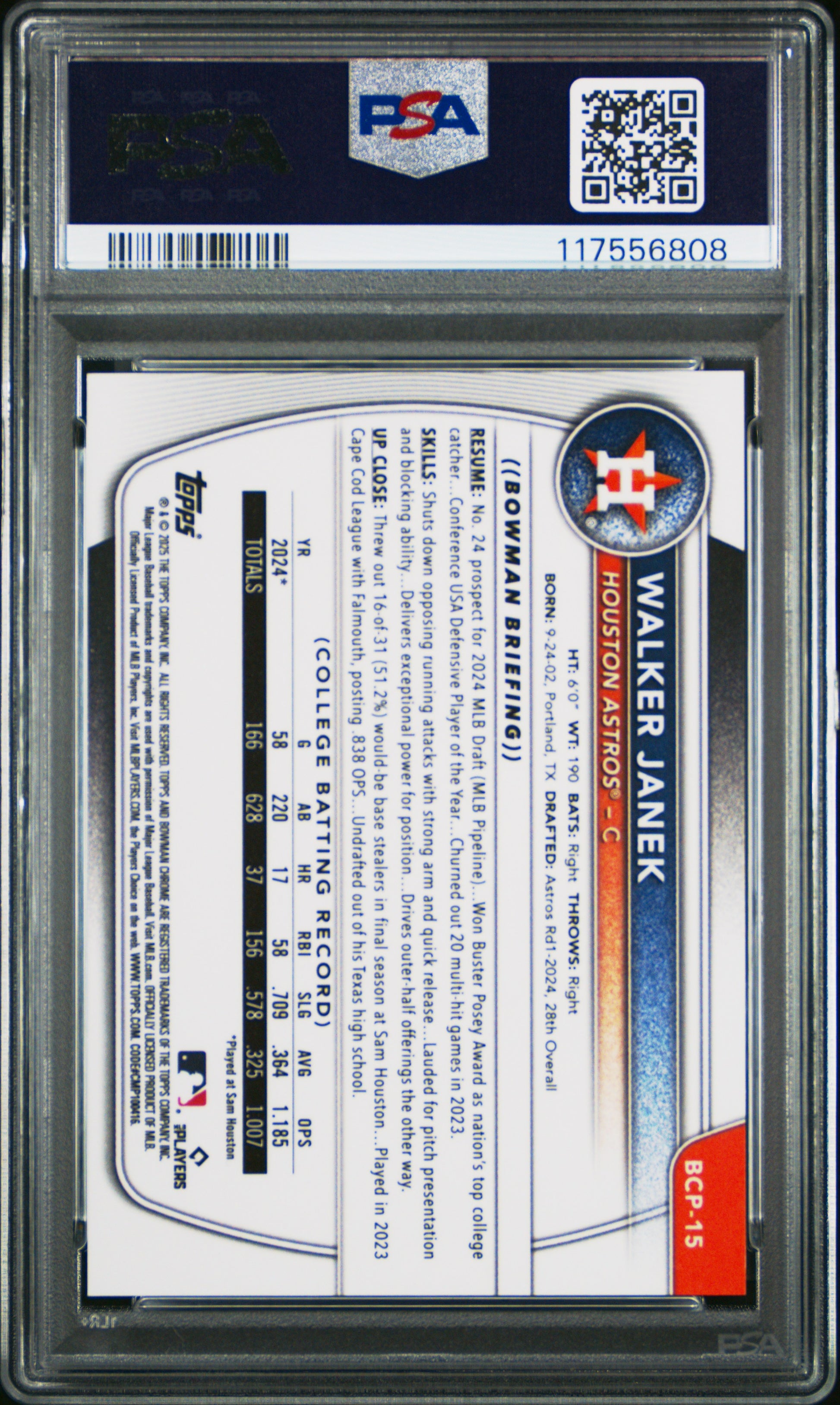2025 Bowman Chrome Prospects #BCP15 Walker Janek Chrome Pros-Gold Shimmer PSA 10