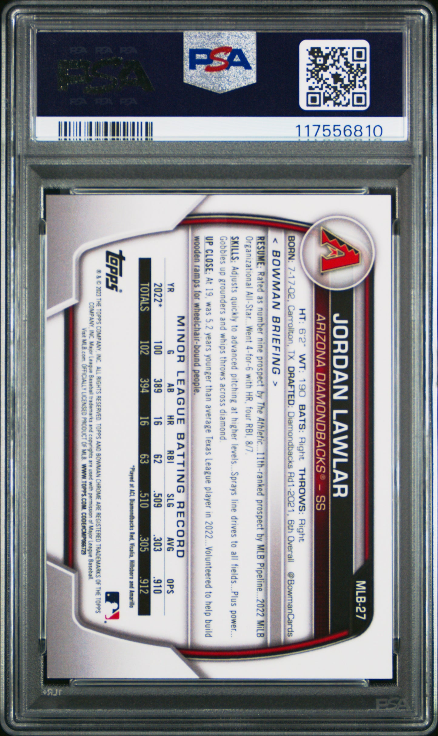 2023 Bowman Chrome National #27 Jordan Lawlar Sparkle Refractor PSA 10