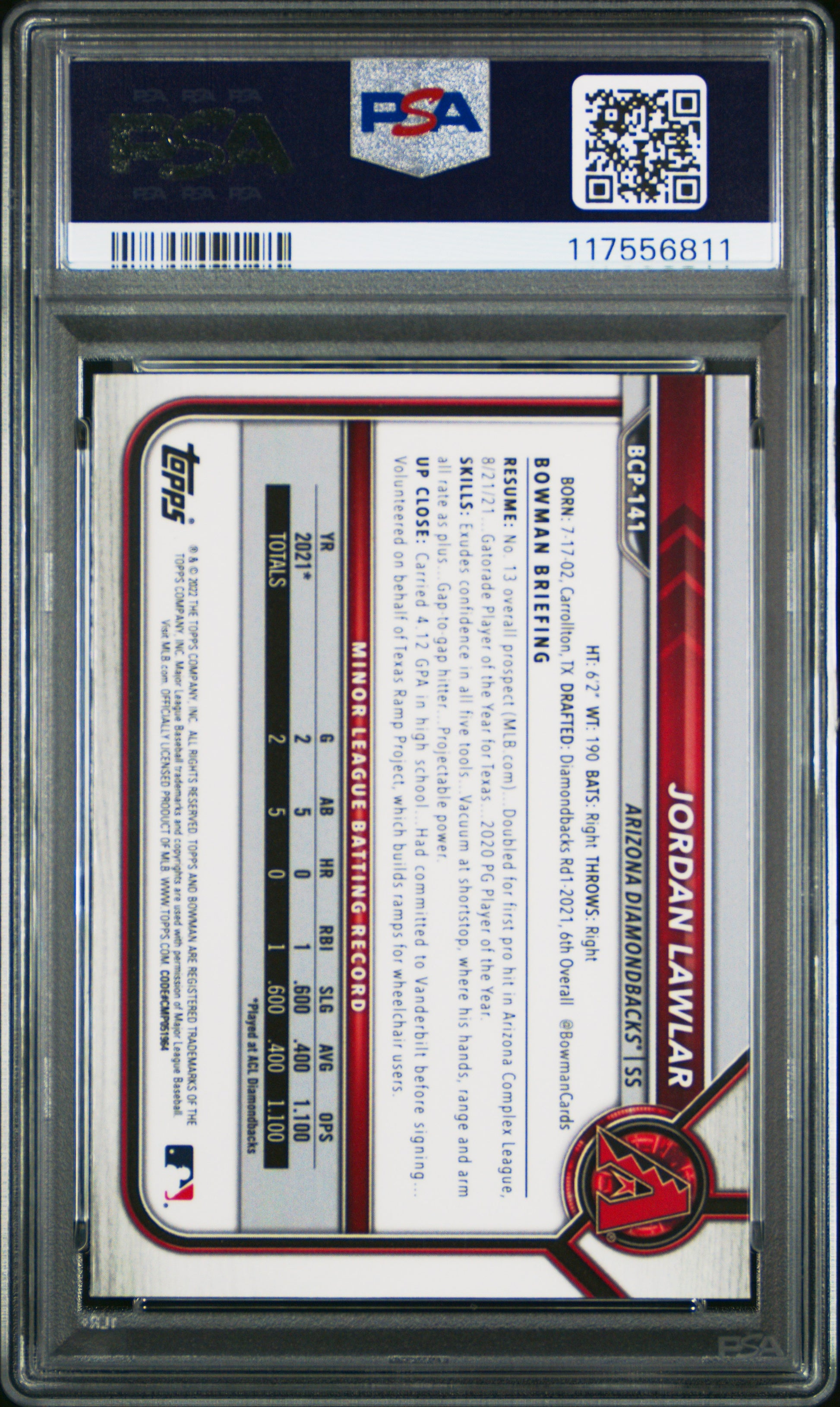 2022 Bowman Sapphire Edition Chrome Prospects #BCP141 Jordan Lawlar PSA 9