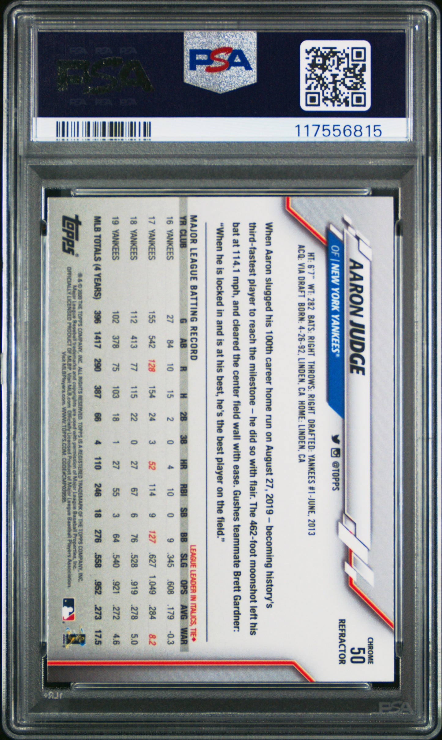 2020 Topps Chrome #50 Aaron Judge Pink Refractor PSA 10