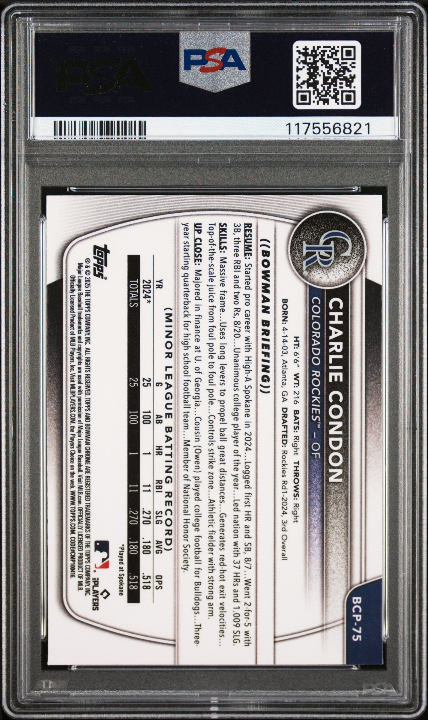2025 Bowman Chrome Prospects #BCP75 Charlie Condon PSA 10