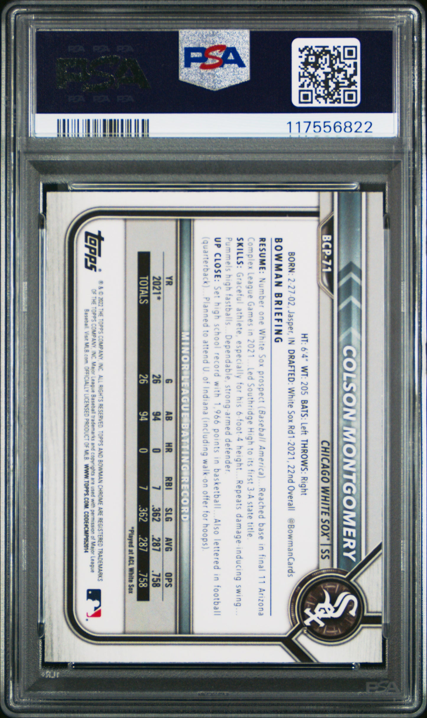 2022 Bowman Mega Box Chrome #71 Colson Montgomery Chrome PSA 10