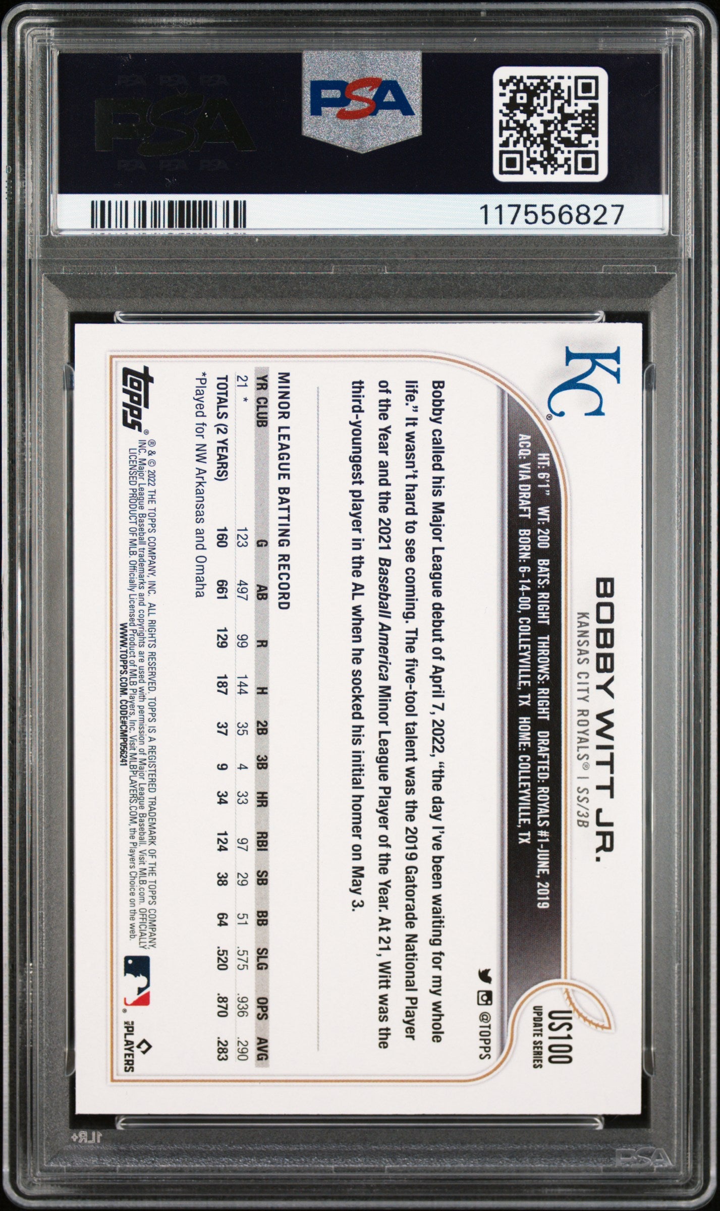 2022 Topps Update #US100 Bobby Witt Jr. PSA 9