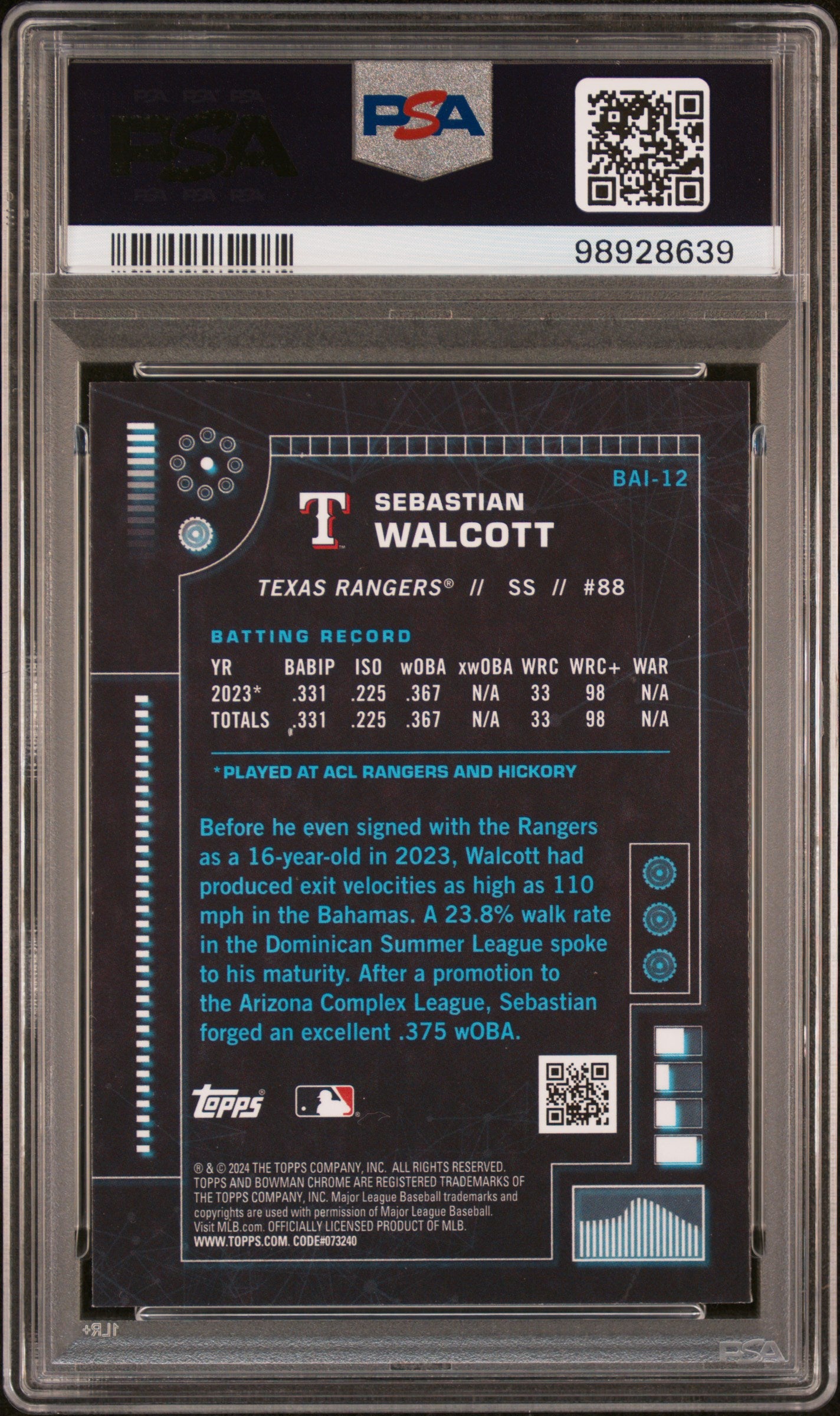 2024 Bowman Bowman Ai #BAI12 Sebastian Walcott PSA 10