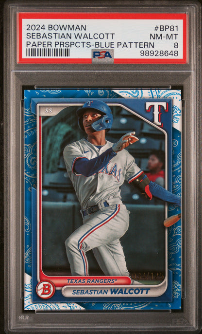 2024 Bowman Paper Prospects #BP81 Sebastian Walcott-Blue Pattern PSA 8