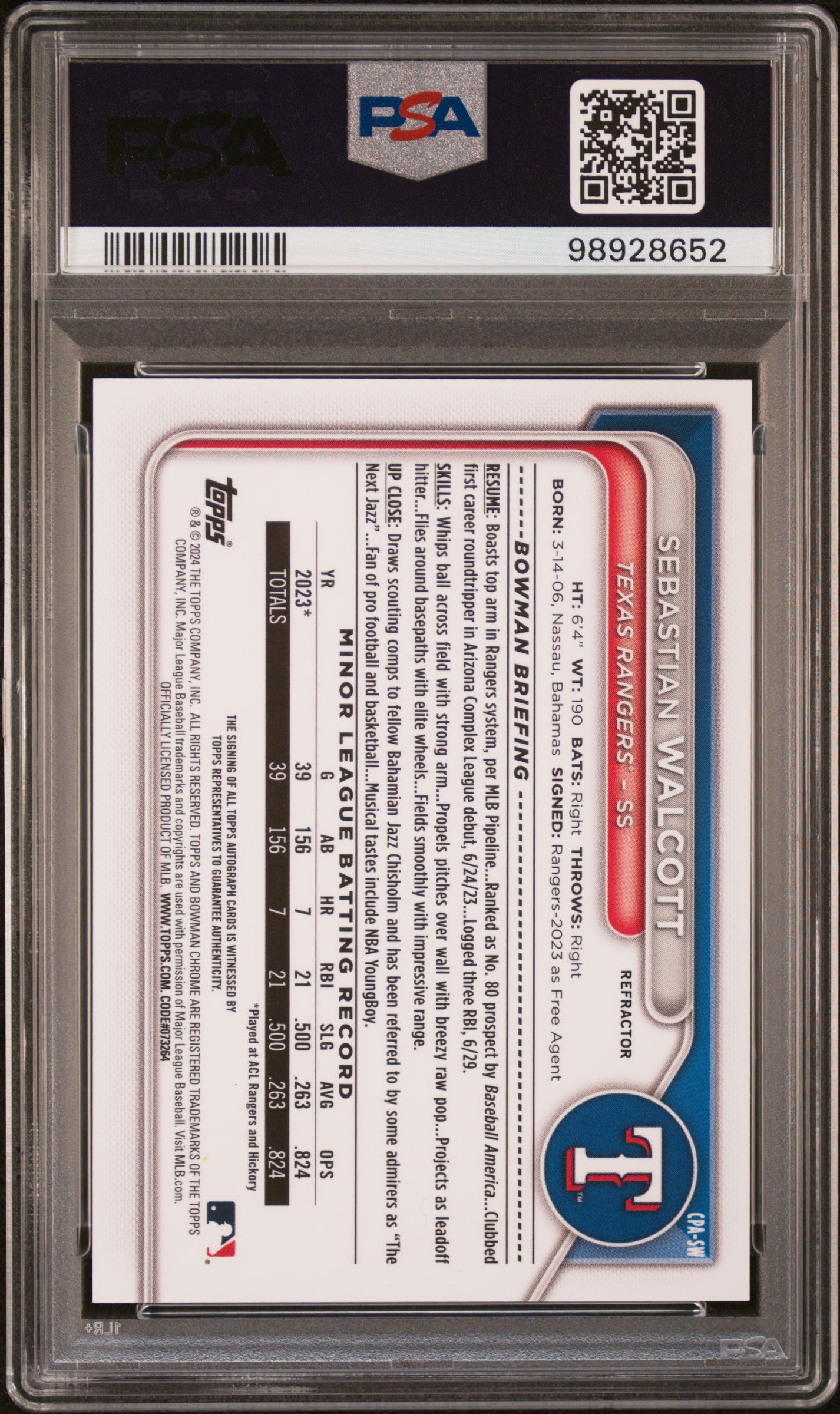 2024 Bowman Chrome Prospect Autographs #CPASW Sebastian Walcott Refractor PSA 9