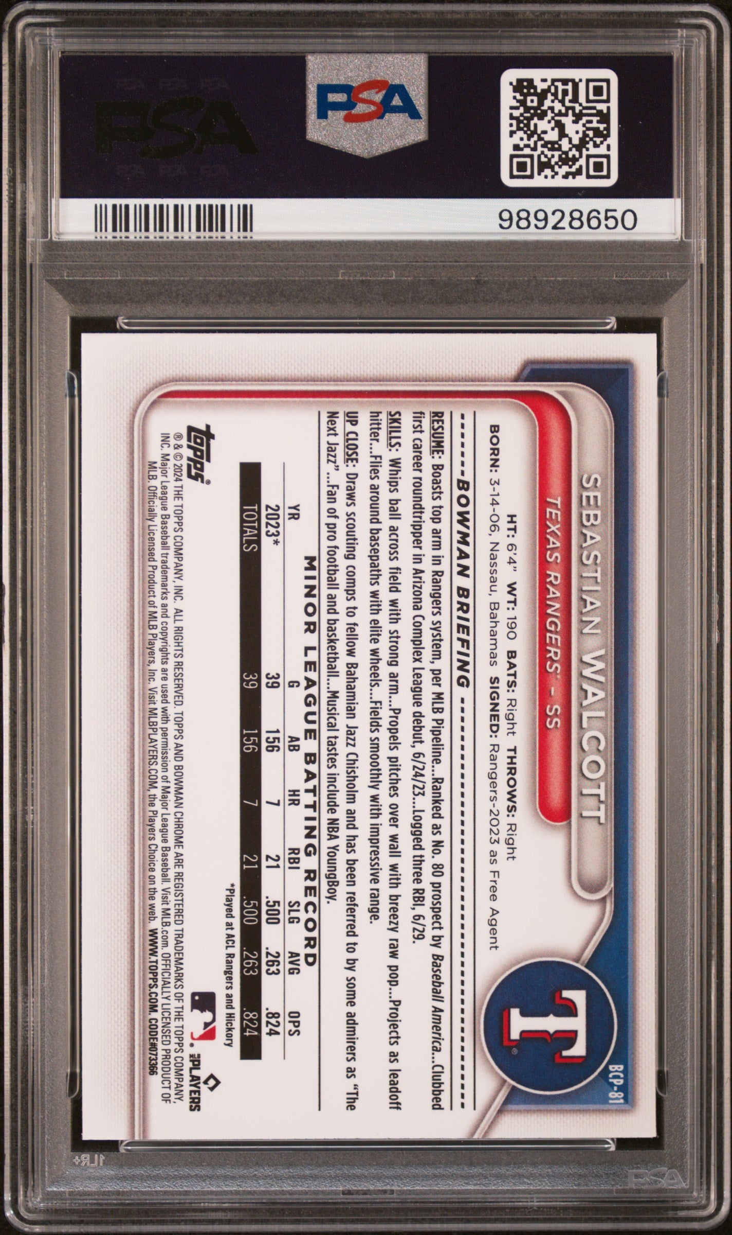 2024 Bowman Mega Box Chrome Prospects #81 Sebastian Walcott PSA 9