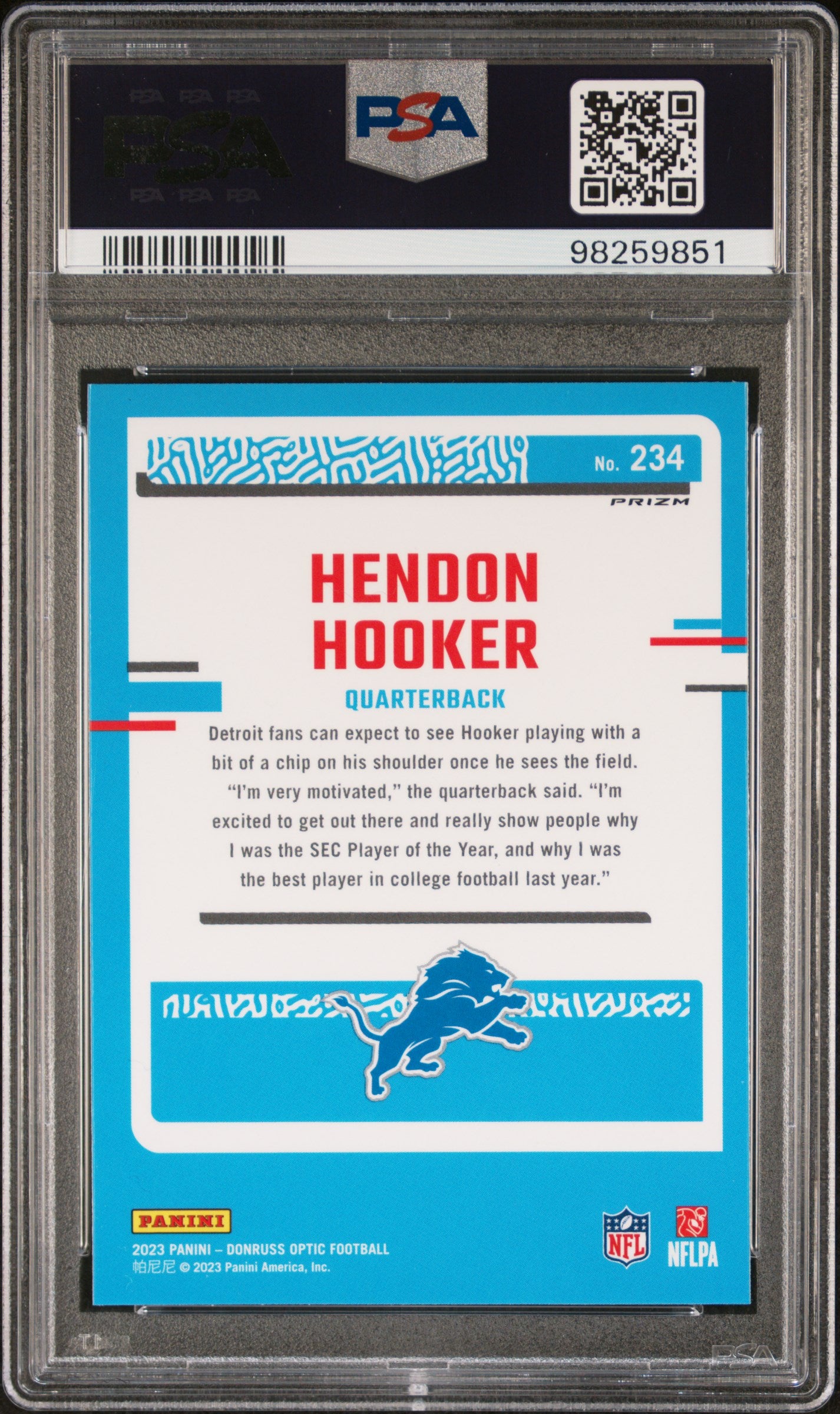 2023 Panini Donruss Optic #234 Hendon Hooker Purple Shock PSA 10