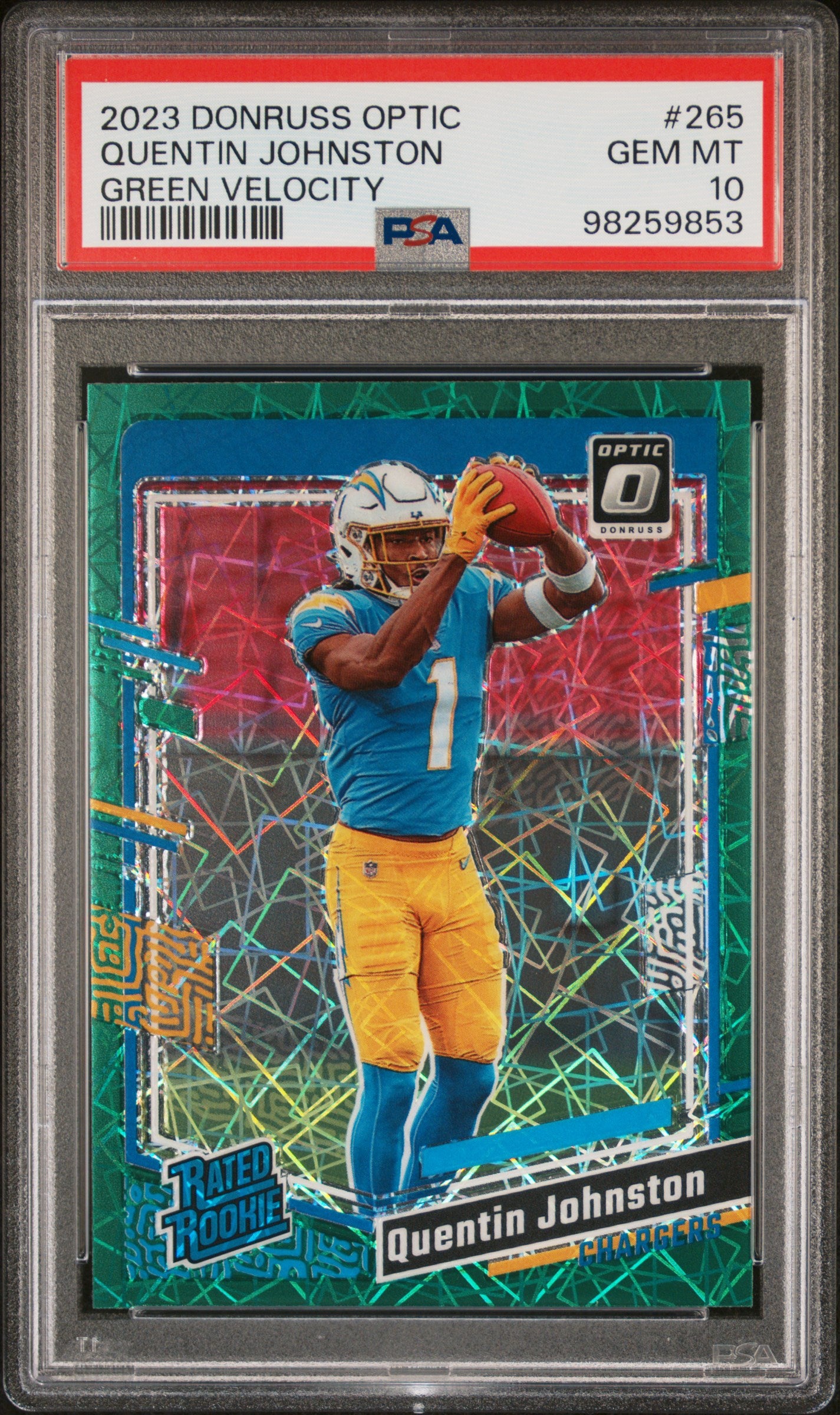 2023 Panini Donruss Optic #265 Quentin Johnston Green Velocity PSA 10 SKU