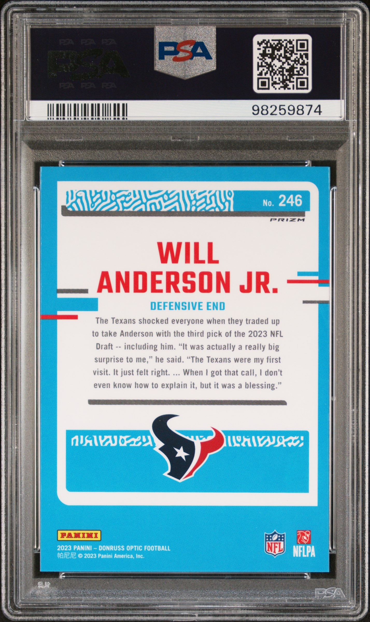 2023 Panini Donruss Optic #246 Will Anderson Jr. Blue Hyper PSA 10