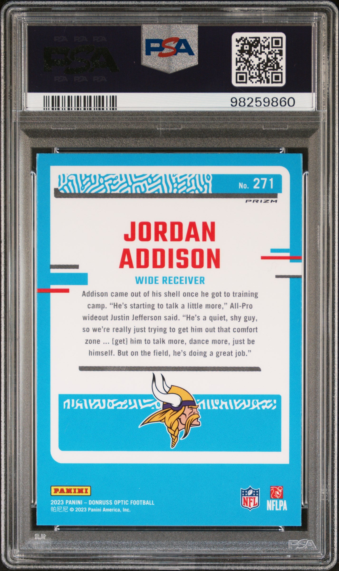 2023 Panini Donruss Optic #271 Jordan Addison Purple Shock PSA 10
