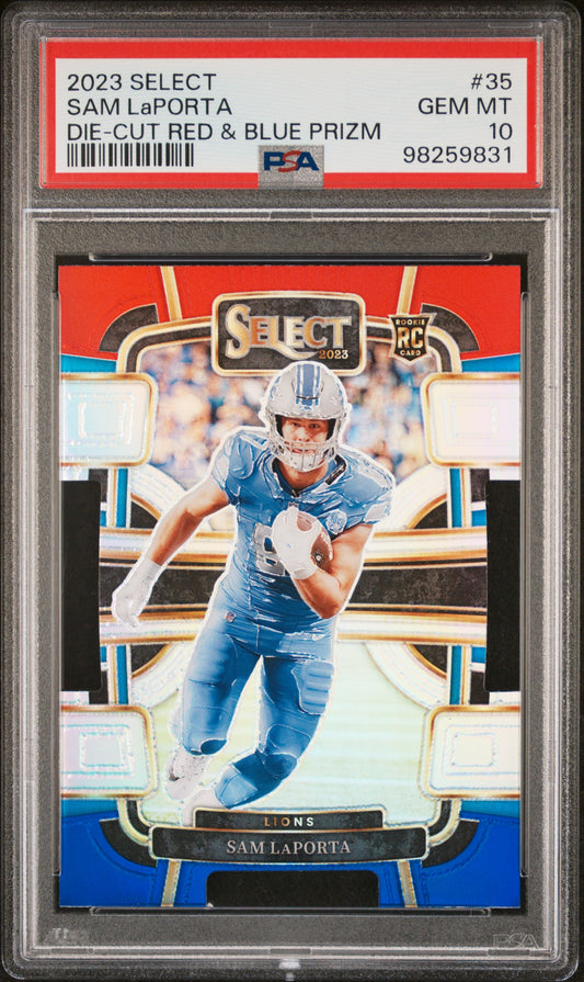 2023 Panini Select #35 Sam Laporta Die-Cut Red & Blue Prizm PSA 10