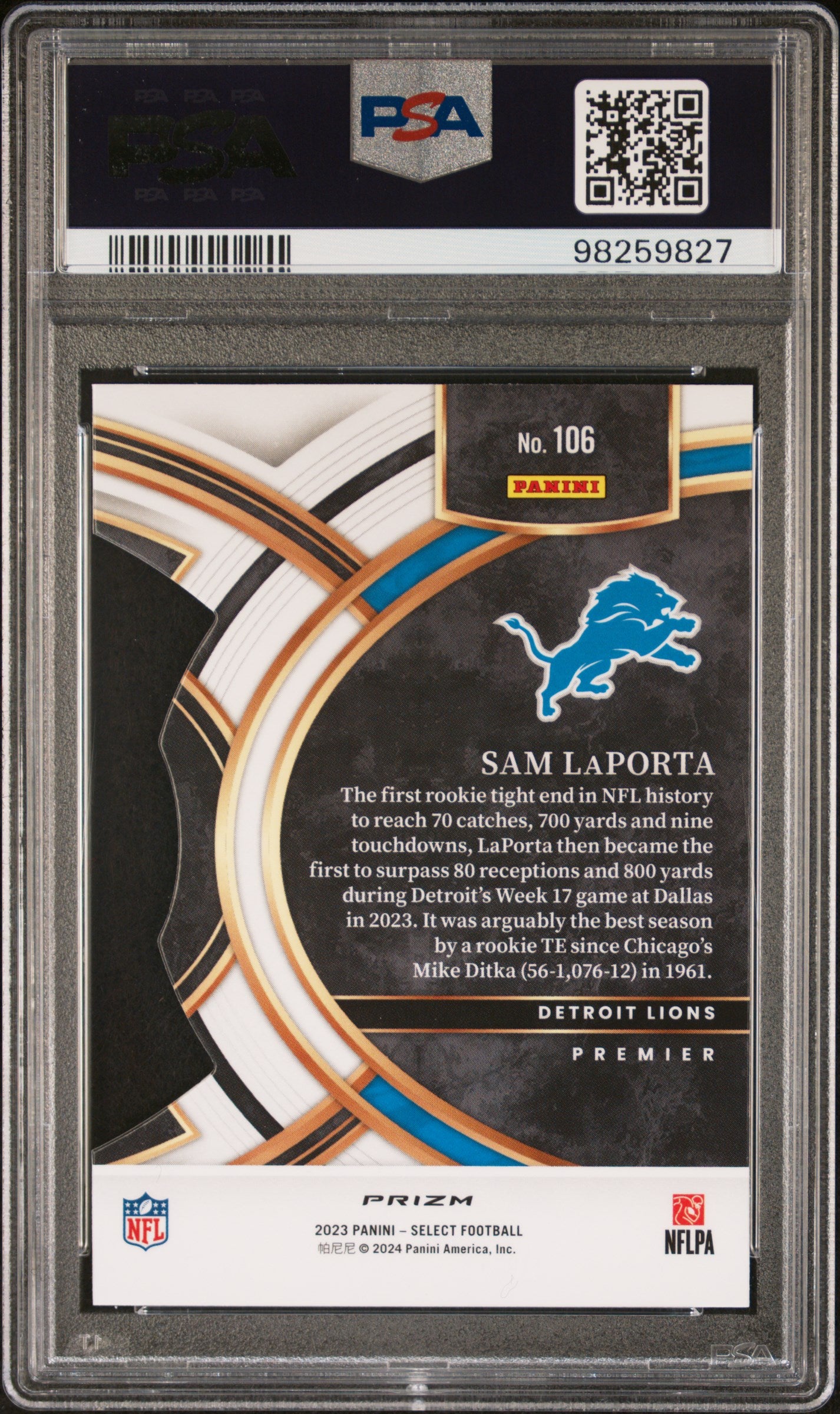 2023 Panini Select #106 Sam Laporta Die-Cut Green & Yellow Prizm PSA 10