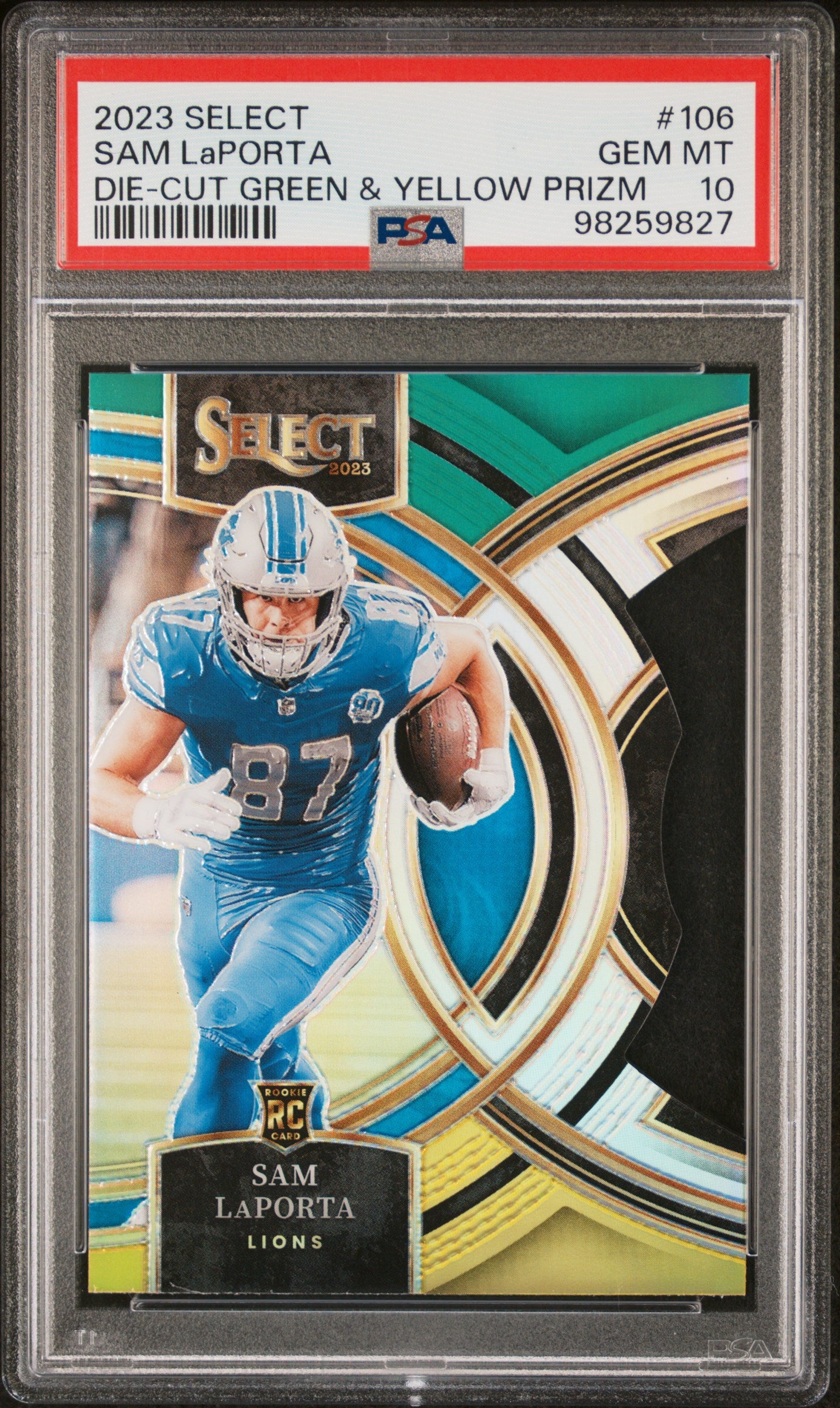 2023 Panini Select #106 Sam Laporta Die-Cut Green & Yellow Prizm PSA 10