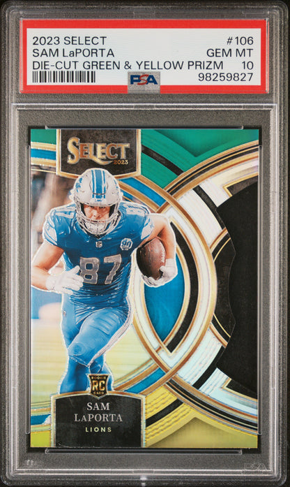 2023 Panini Select #106 Sam Laporta Die-Cut Green & Yellow Prizm PSA 10
