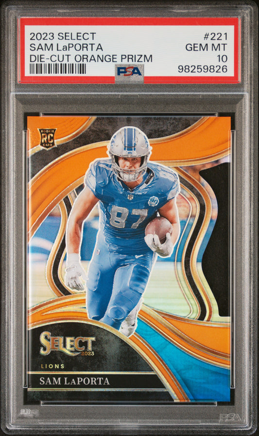 2023 Panini Select #221 Sam Laporta Die-Cut Orange Prizm PSA 10