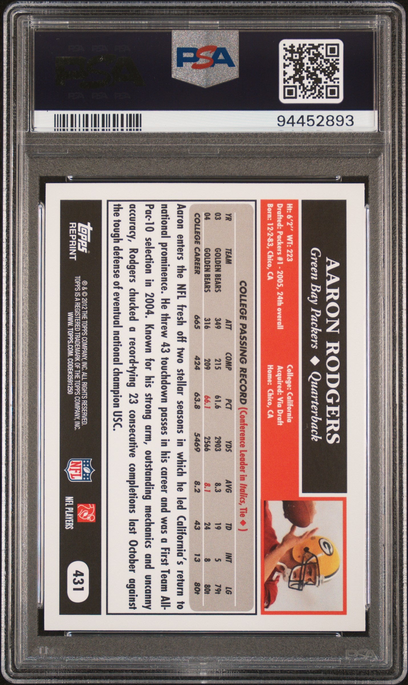 2012 Topps Rookie Reprint #431 Aaron Rodgers Rookie Reprint PSA 10
