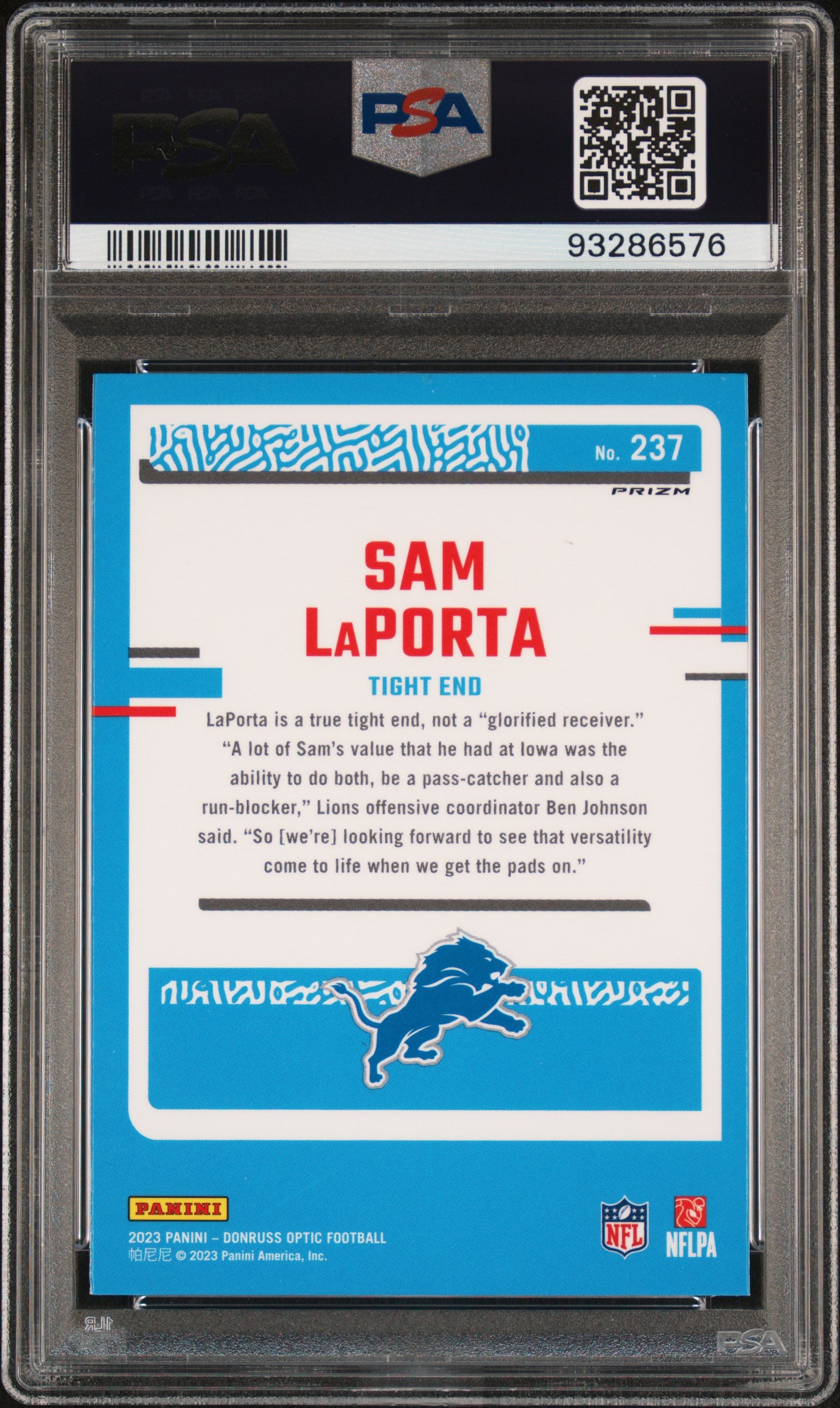 2023 Panini Donruss Optic #237 Sam Laporta Purple Shock PSA 10