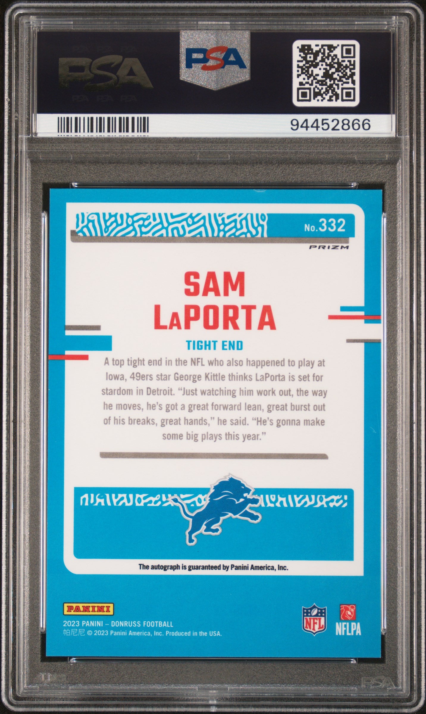 2023 Panini Donruss #332 Sam Laporta Optic Preview-Autograph PSA 9