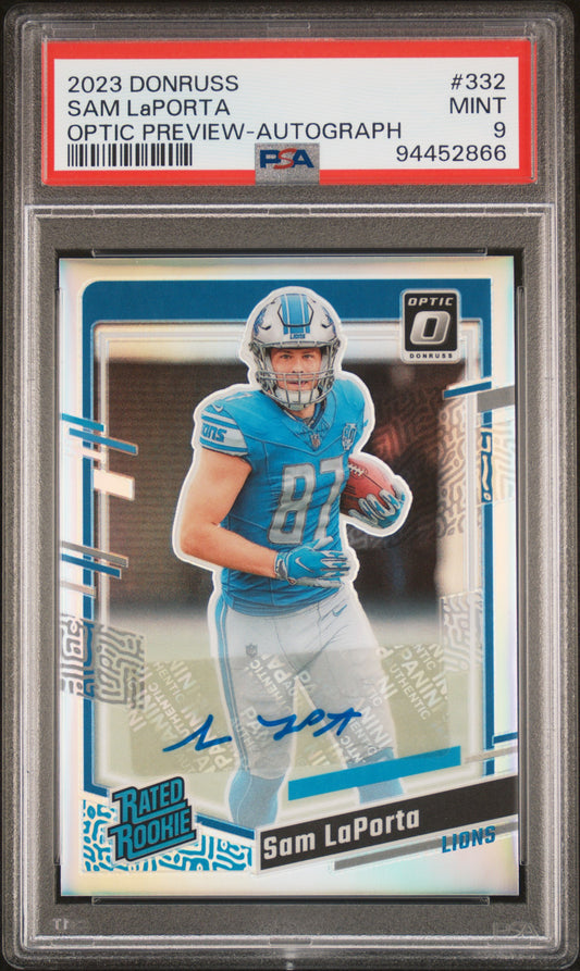 2023 Panini Donruss #332 Sam Laporta Optic Preview-Autograph PSA 9