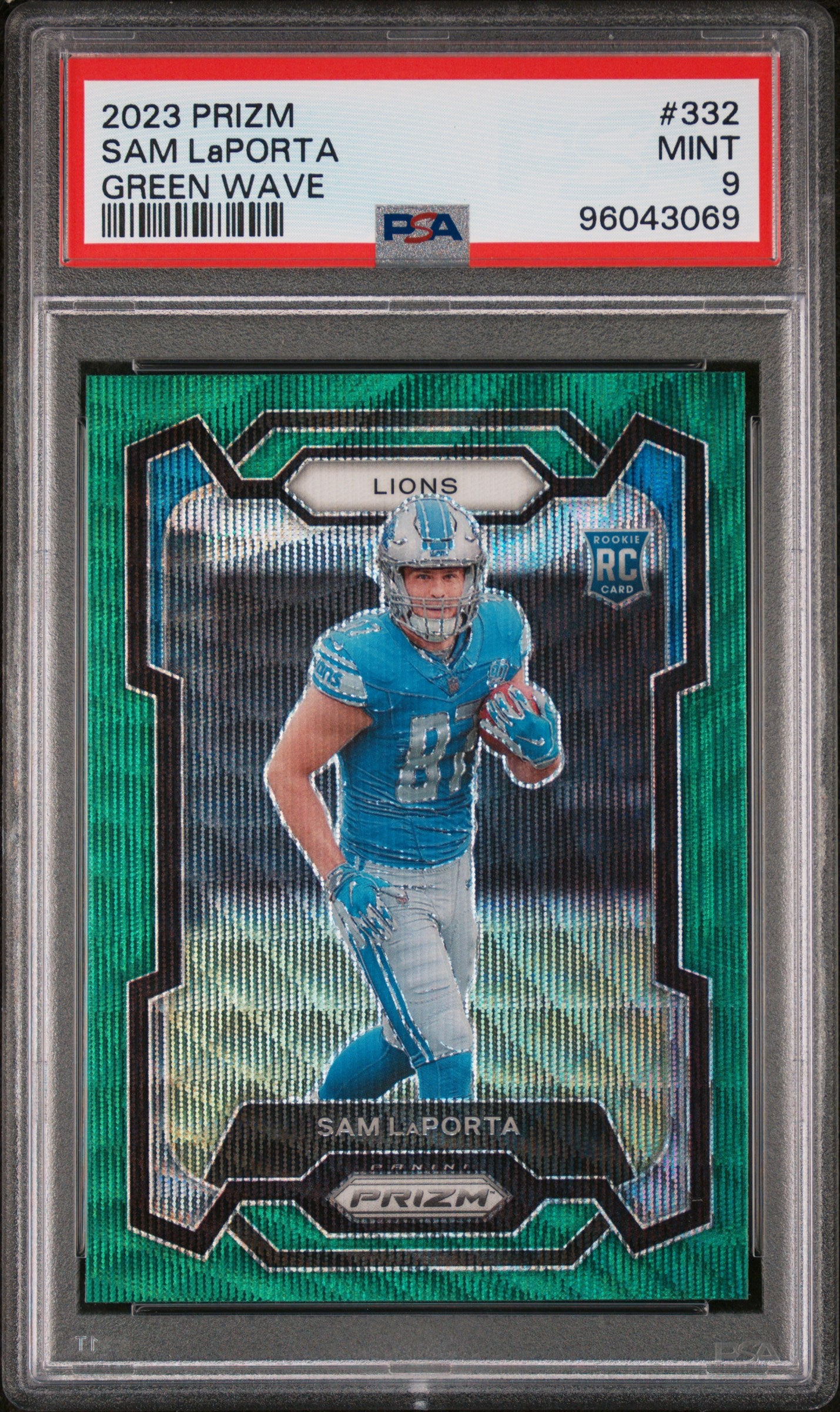 2023 Panini Prizm #332 Sam Laporta Green Wave PSA 9