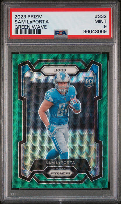 2023 Panini Prizm #332 Sam Laporta Green Wave PSA 9