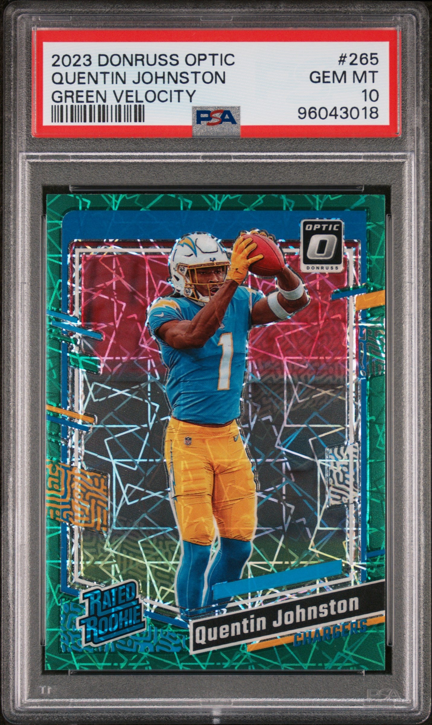 2023 Panini Donruss Optic #265 Quentin Johnston Green Velocity PSA 10