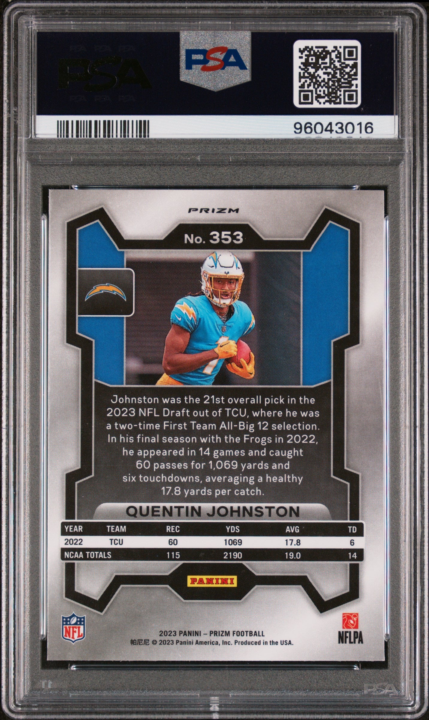 2023 Panini Prizm #353 Quentin Johnston Green Wave PSA 9