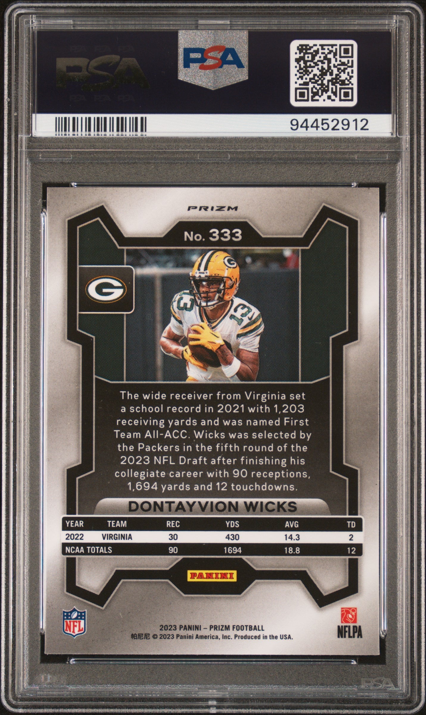 2023 Panini Prizm #333 Dontayvion Wicks Red/White/Blue Prizm PSA 9