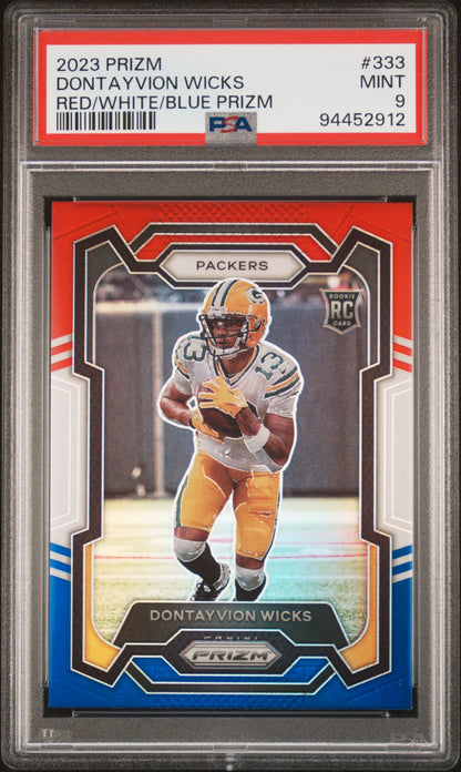 2023 Panini Prizm #333 Dontayvion Wicks Red/White/Blue Prizm PSA 9