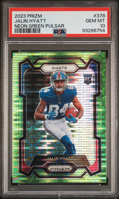 2023 Panini Prizm #378 Jalin Hyatt Neon Green Pulsar PSA 10